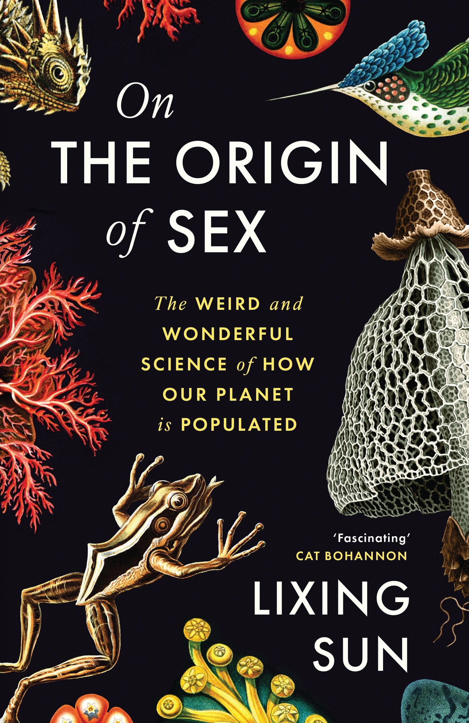 Book cover of 'On the Origin of Sex' with biological illustrations on a black background.