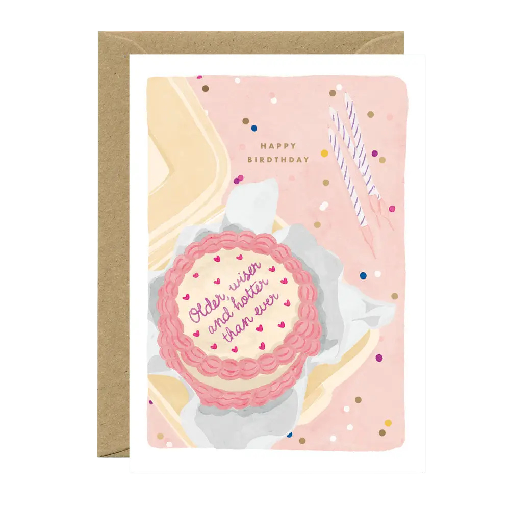 Birthday card with a pink cake illustration and text on a white background