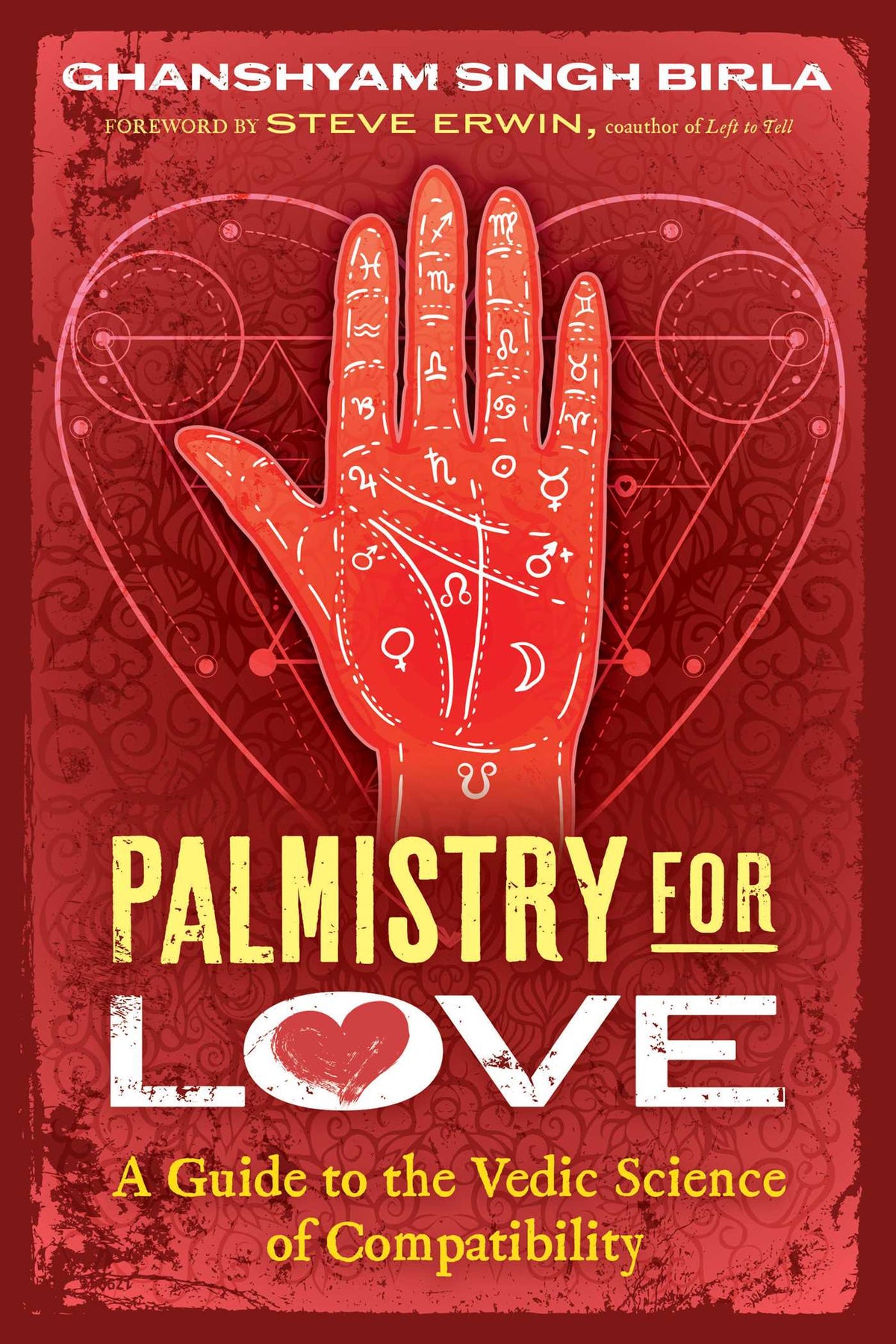 Book cover of 'Palmistry for Love' with a red background and hand illustration