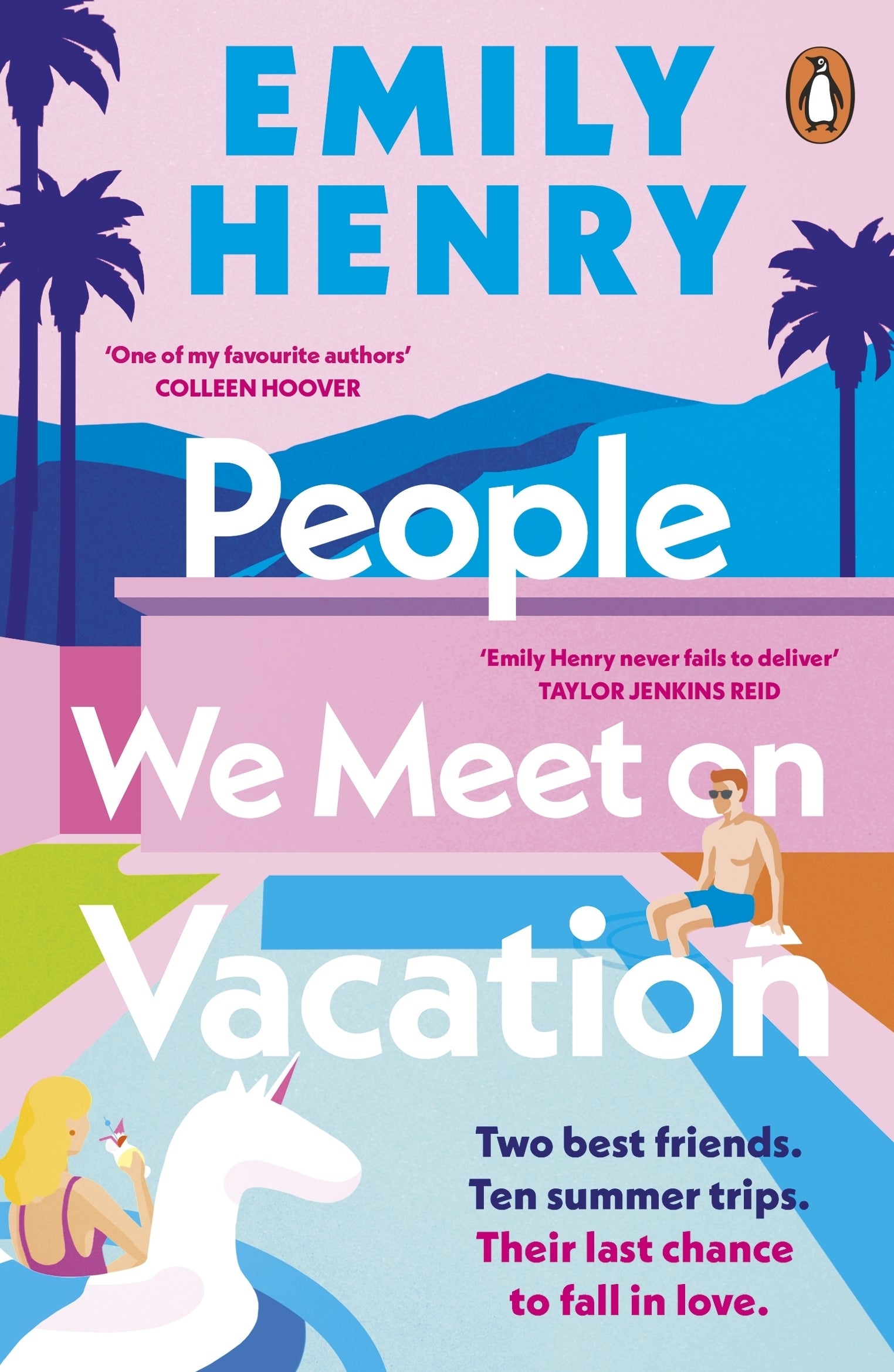 Book cover of 'People We Meet on Vacation' by Emily Henry with a pool and palm tree scene.