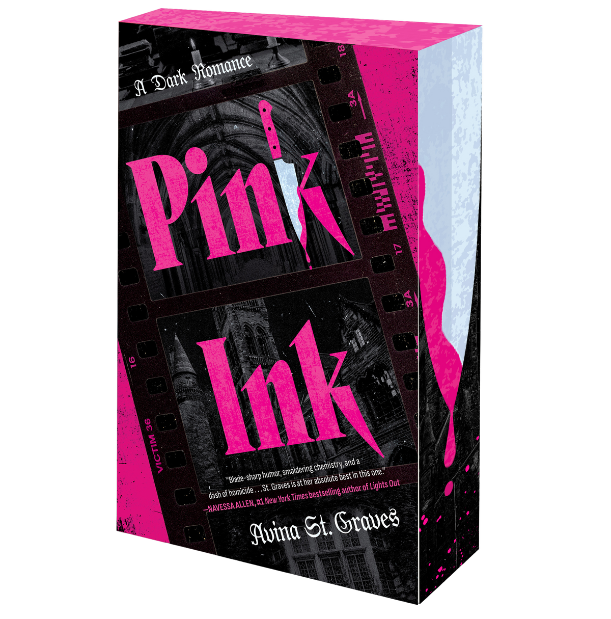 Book cover for 'Pink Ink' by Avina St. Graves, featuring a dark gothic design of a film strip with a pink knife 