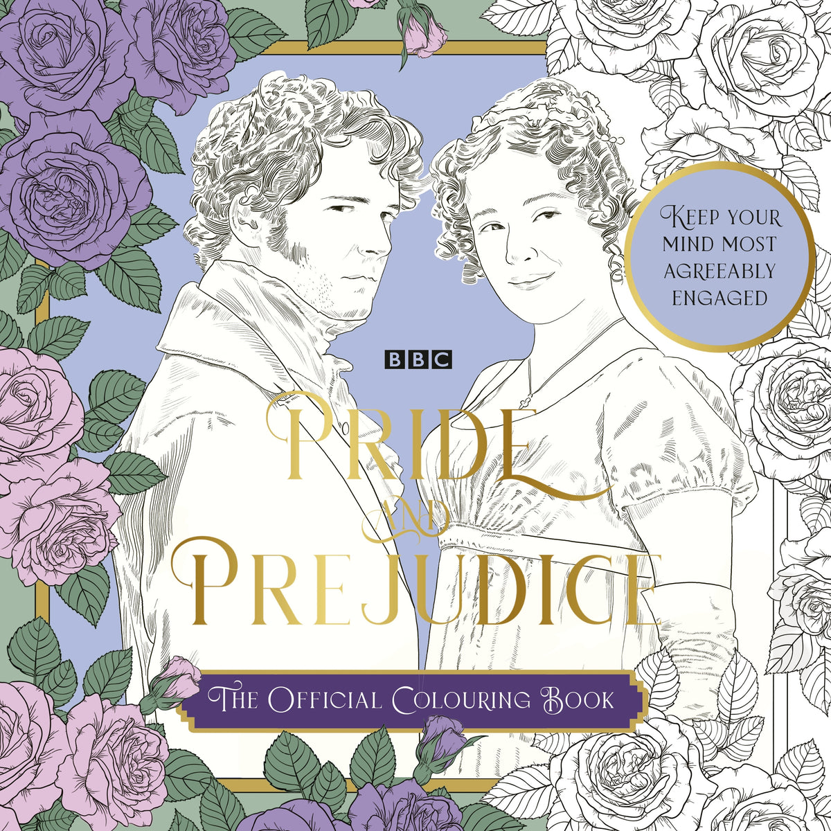 Coloring book cover for 'Pride and Prejudice' with line art of two characters and floral design.