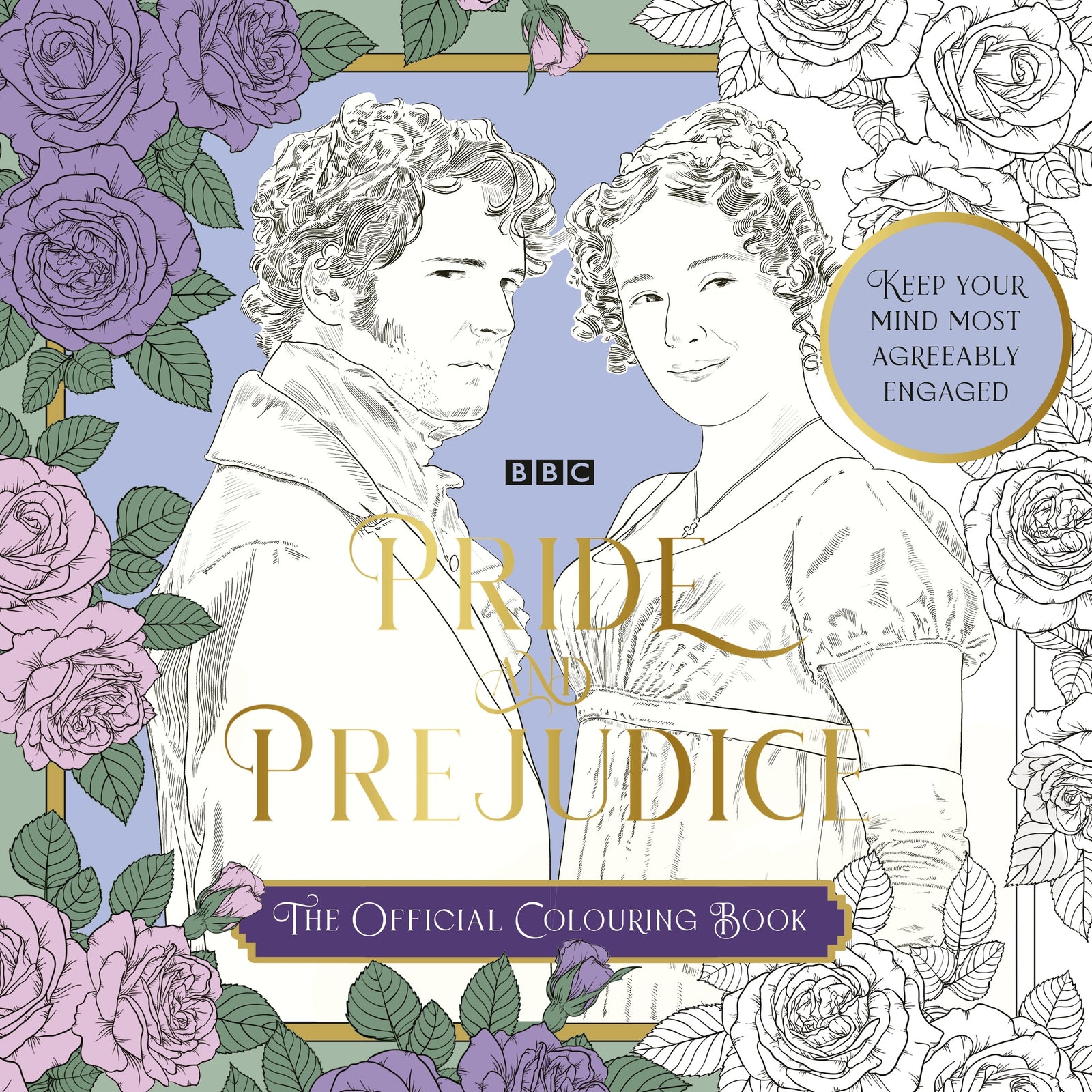 Coloring book cover for 'Pride and Prejudice' with line art of two characters and floral design.