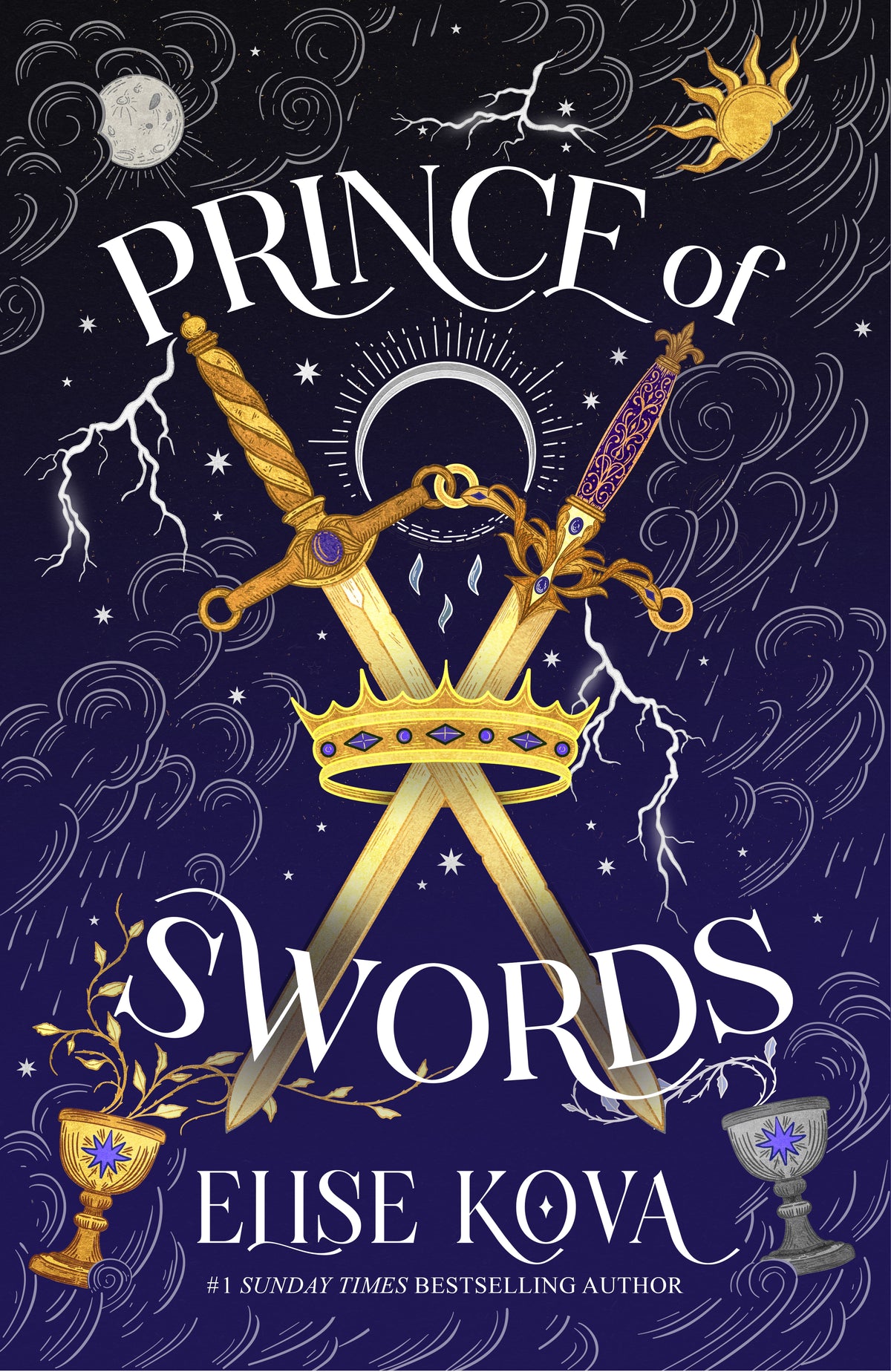 Book cover of 'Prince of Swords' with crossed swords in a crown on a midnight sky themed background 