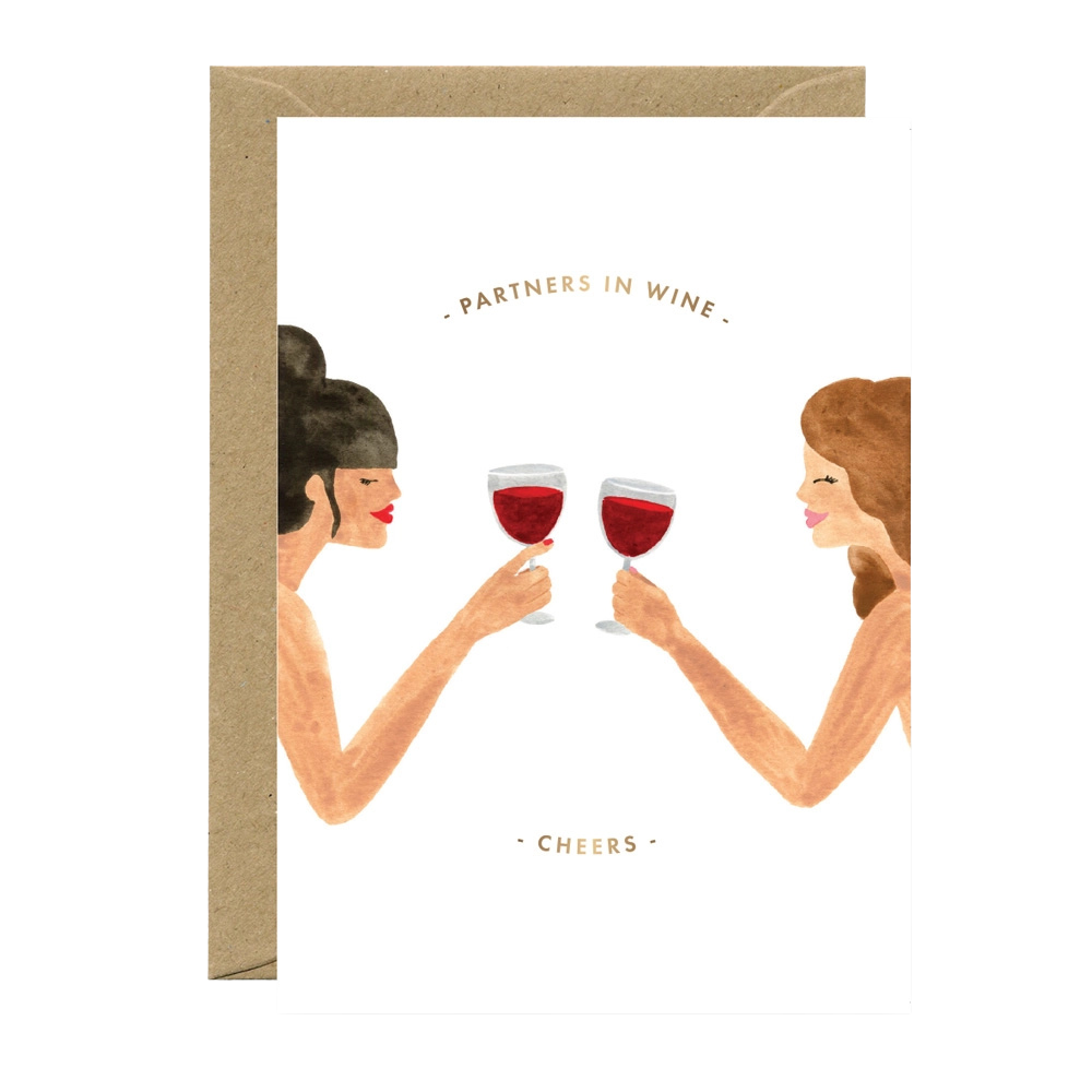 Illustration of two women holding wine glasses with &#39;Partners in Wine&#39; and &#39;Cheers&#39; text.