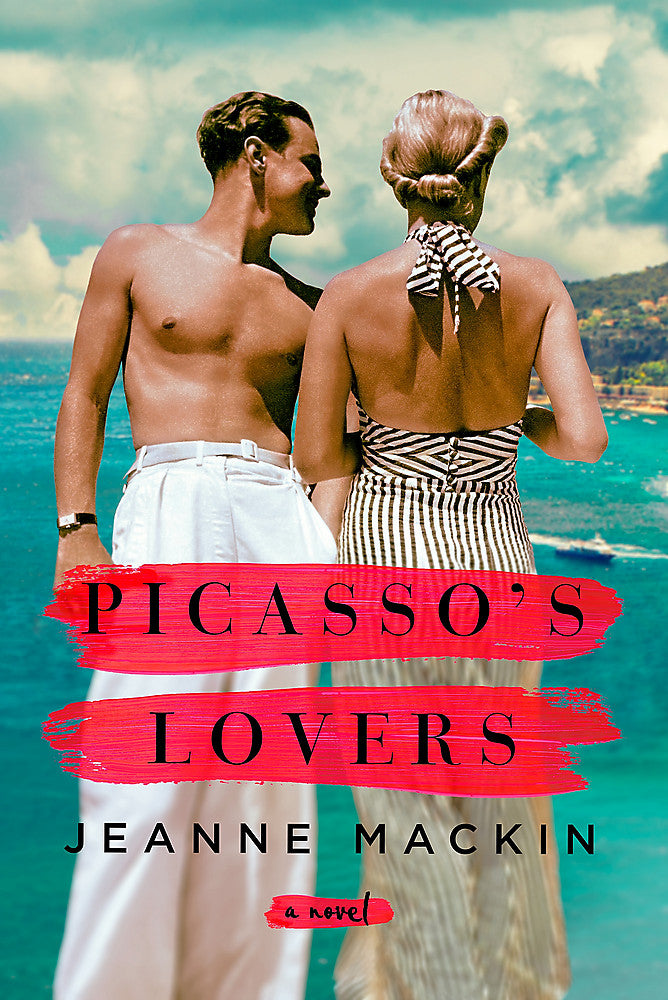 Book cover of 'Picasso's Lovers' by Jeanne Mackin with a couple on a beach.