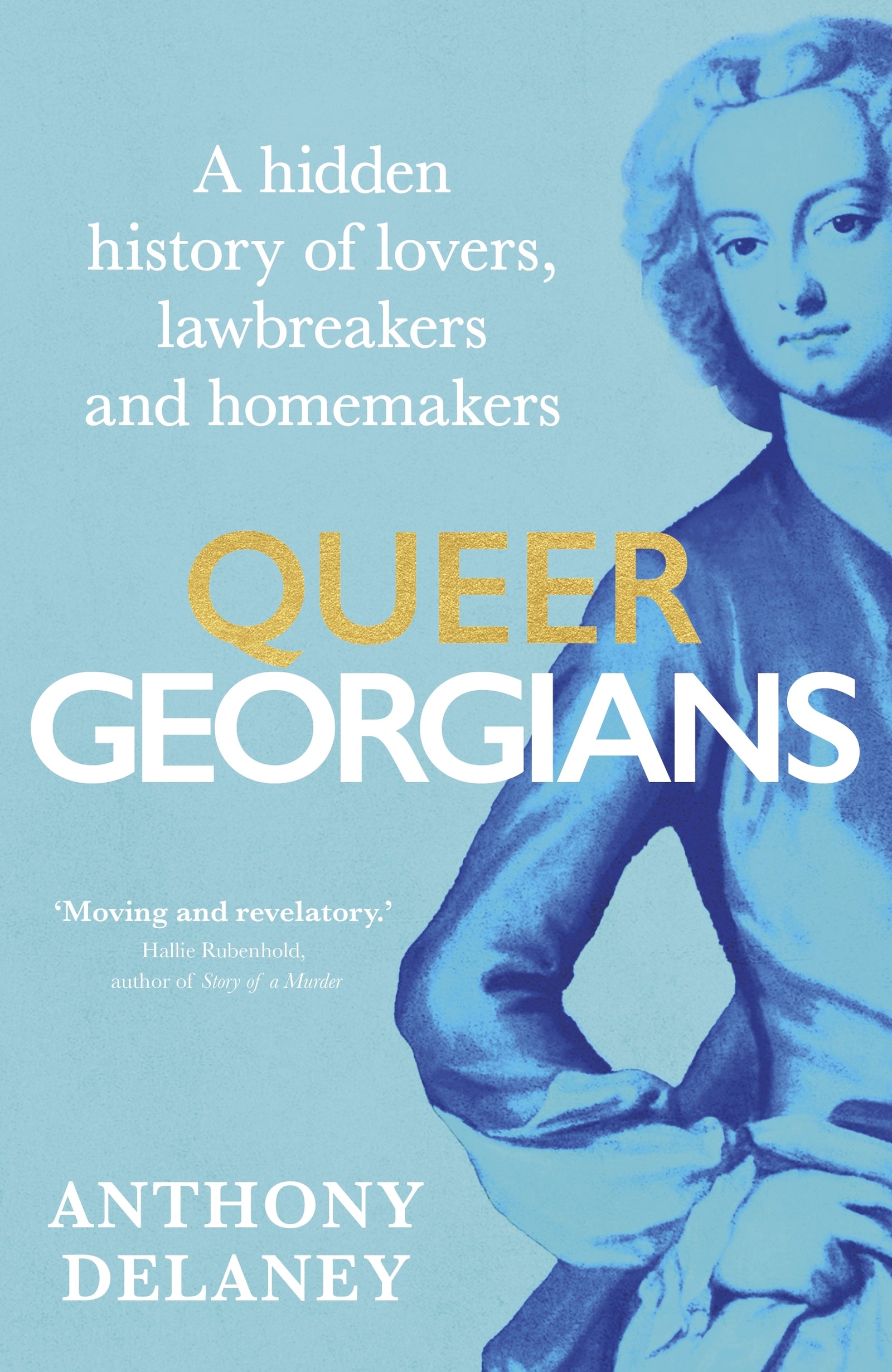 Book cover of 'Queer Georgians' with a historical figure and text on a blue background.