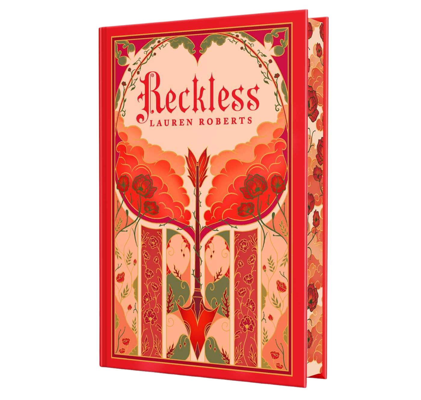 Book cover of 'Reckless' featuring a bold red hardcover with intricate floral designs with red flowers and green vines 