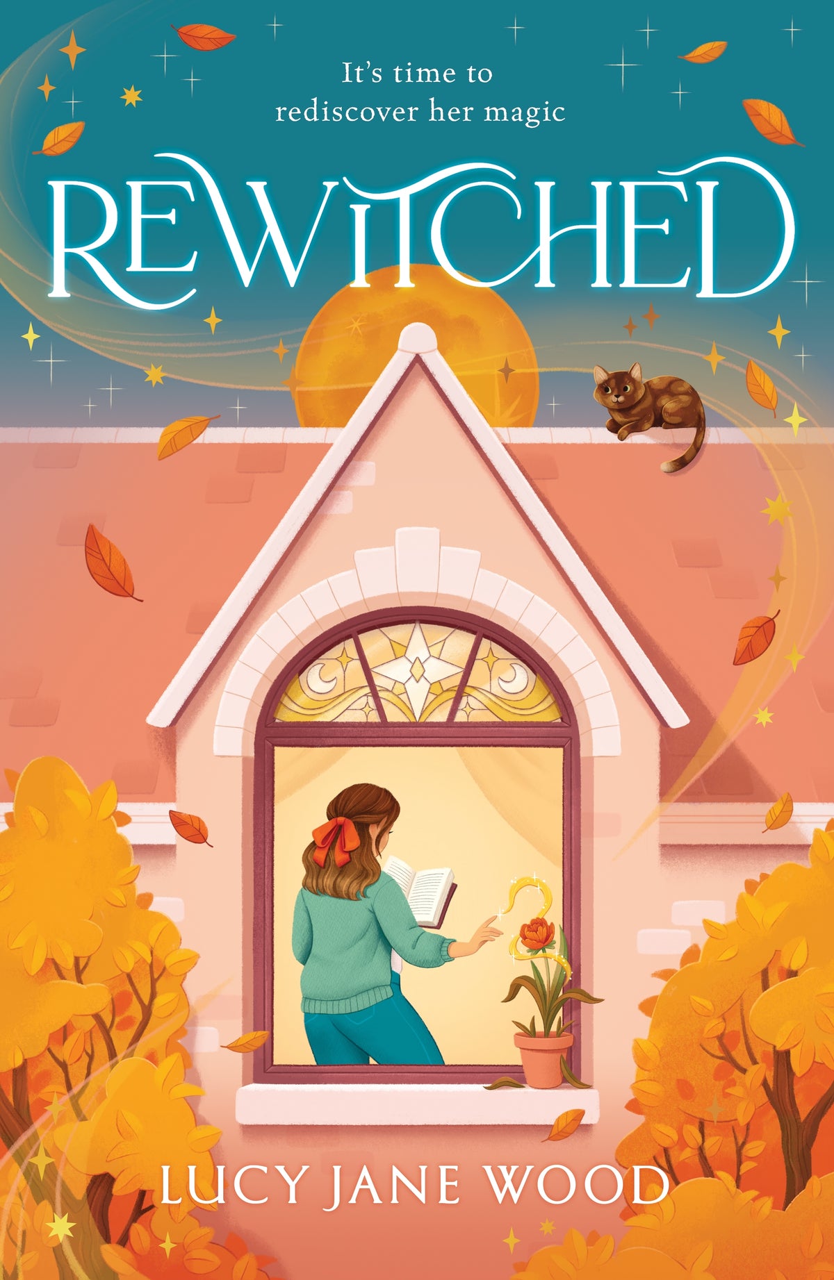 Book cover of 'Rewitched' featuring a woman looking out a window, surrounded by autumn elements