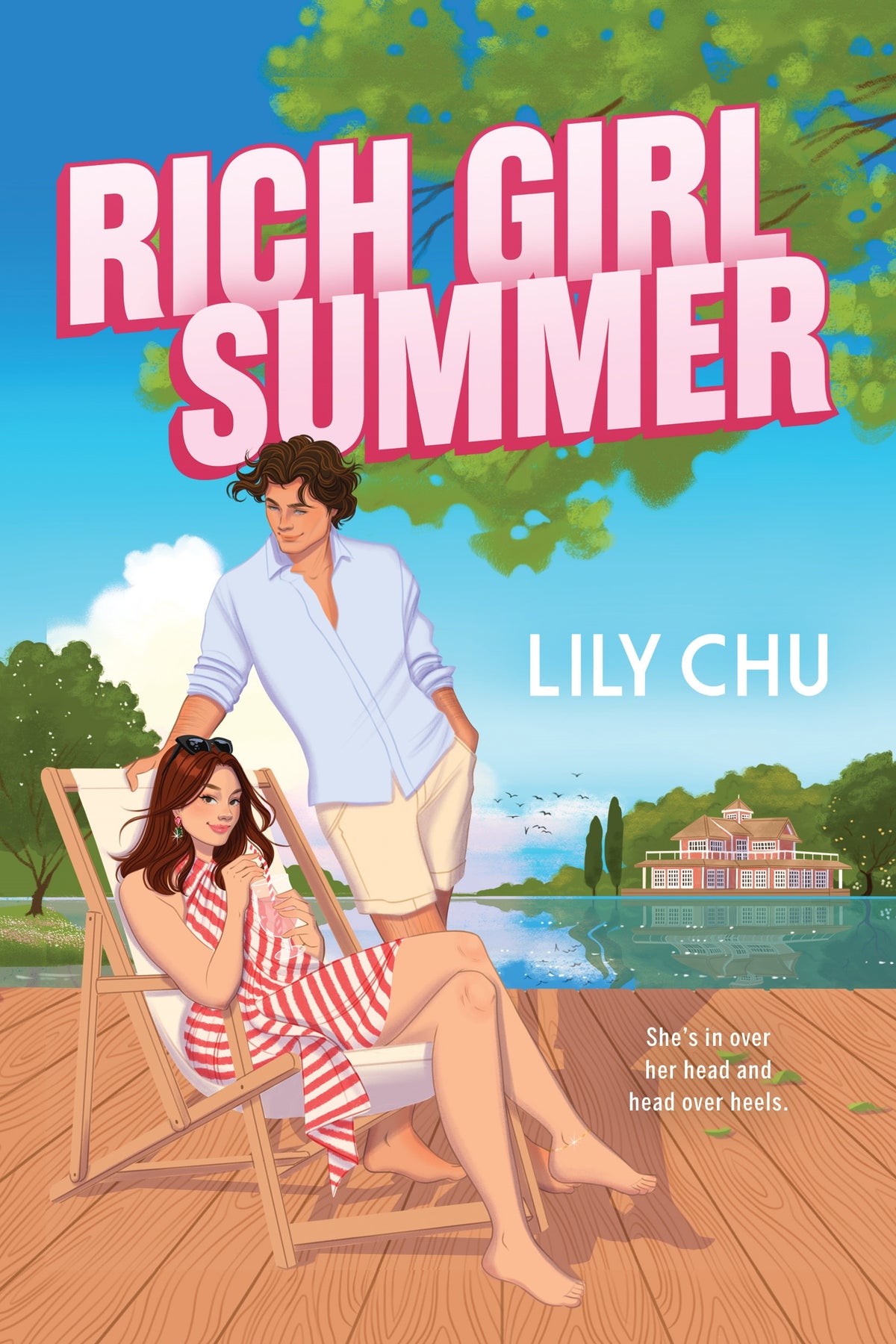 Book cover of 'Rich Girl Summer' featuring a couple on a deck chair with a mansion in the background