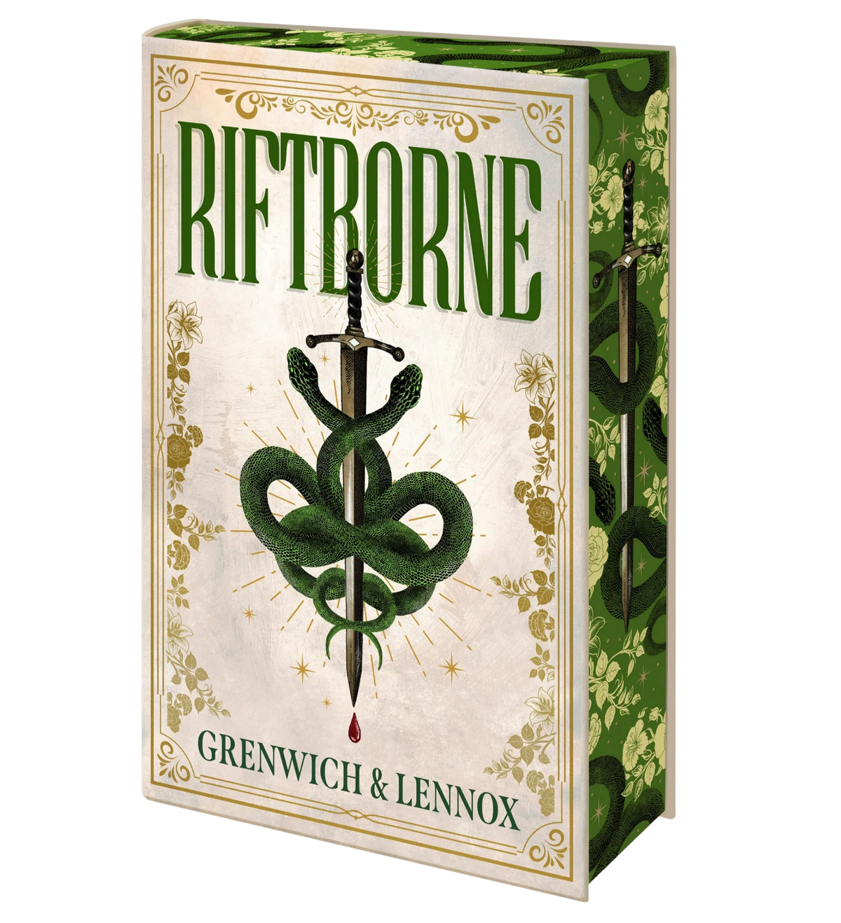 Book for 'Riftborne' by Greenwich & Lennox with green snake and sword design.