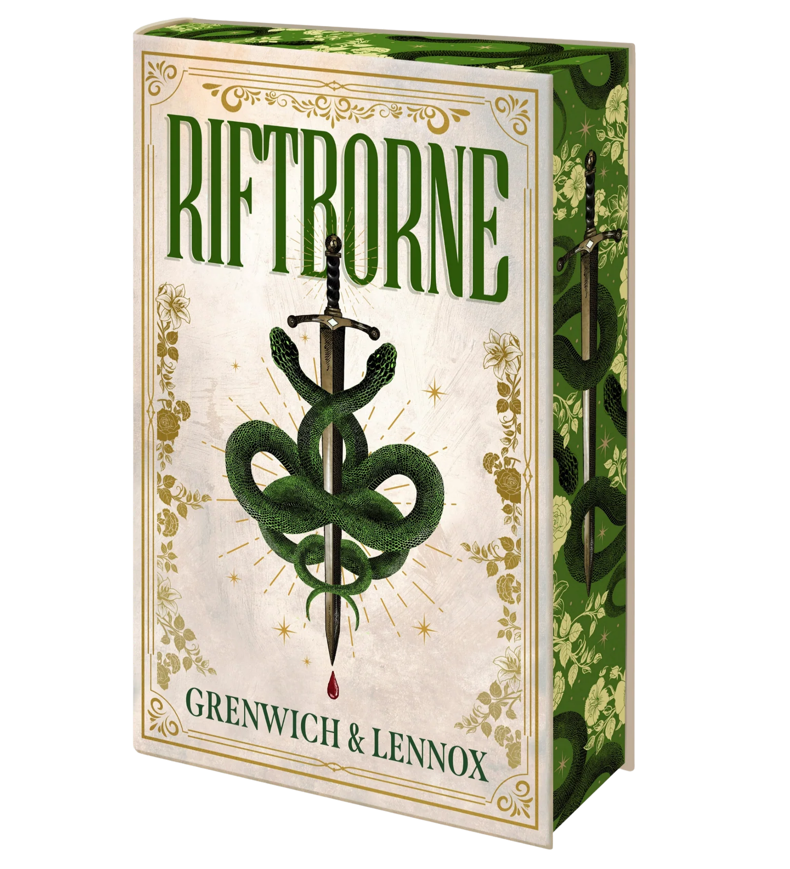 Book for 'Riftborne' by Greenwich & Lennox with green snake and sword design.