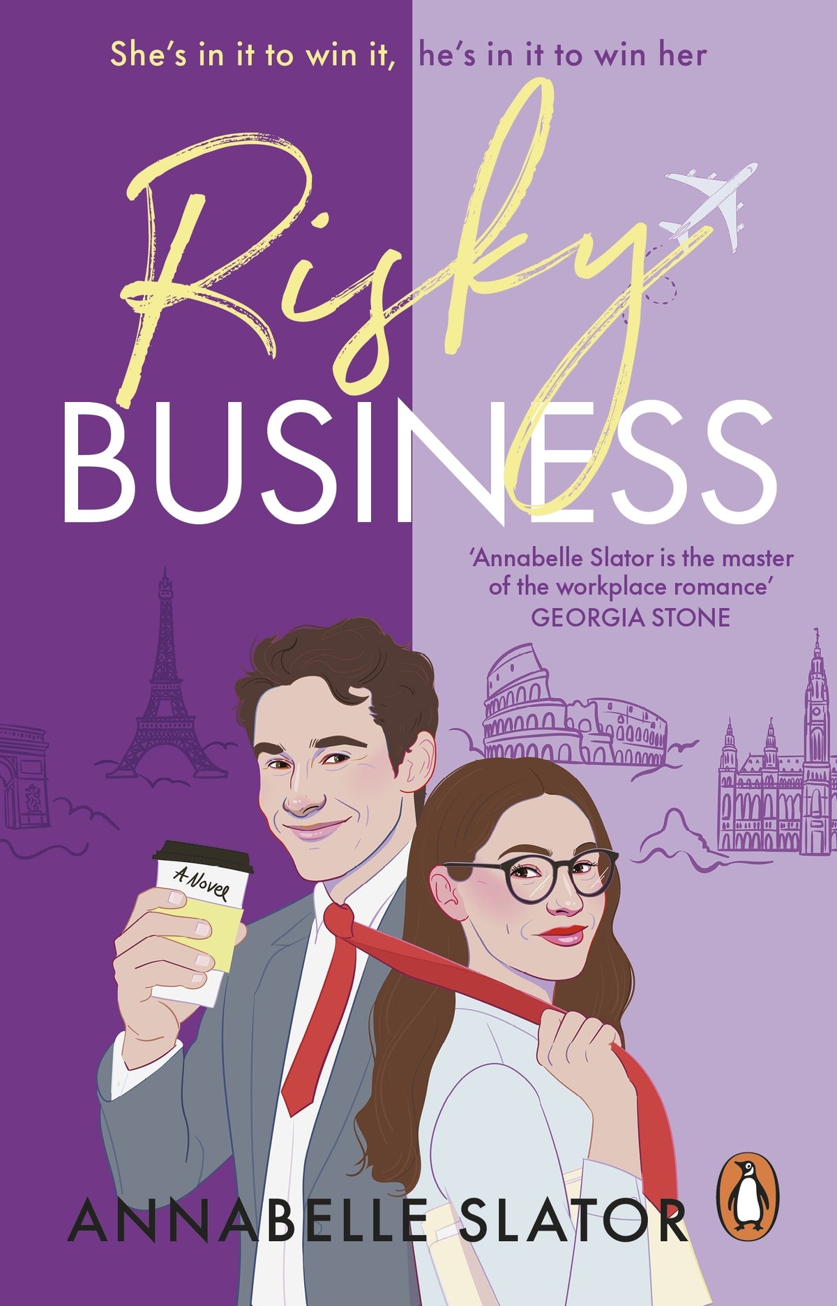 Book cover of 'Risky Business' featuring a man and woman with travel-themed illustrations.