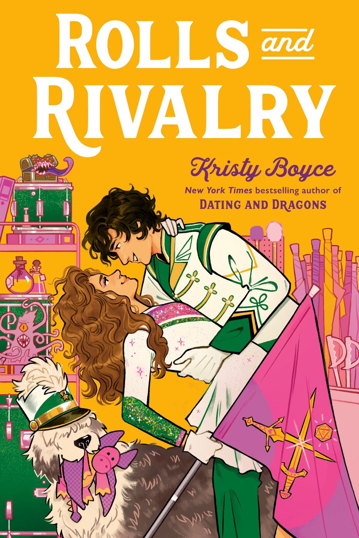 Book cover of 'Rolls and Rivalry' by Kristy Boyce with illustration of two people and a dog.