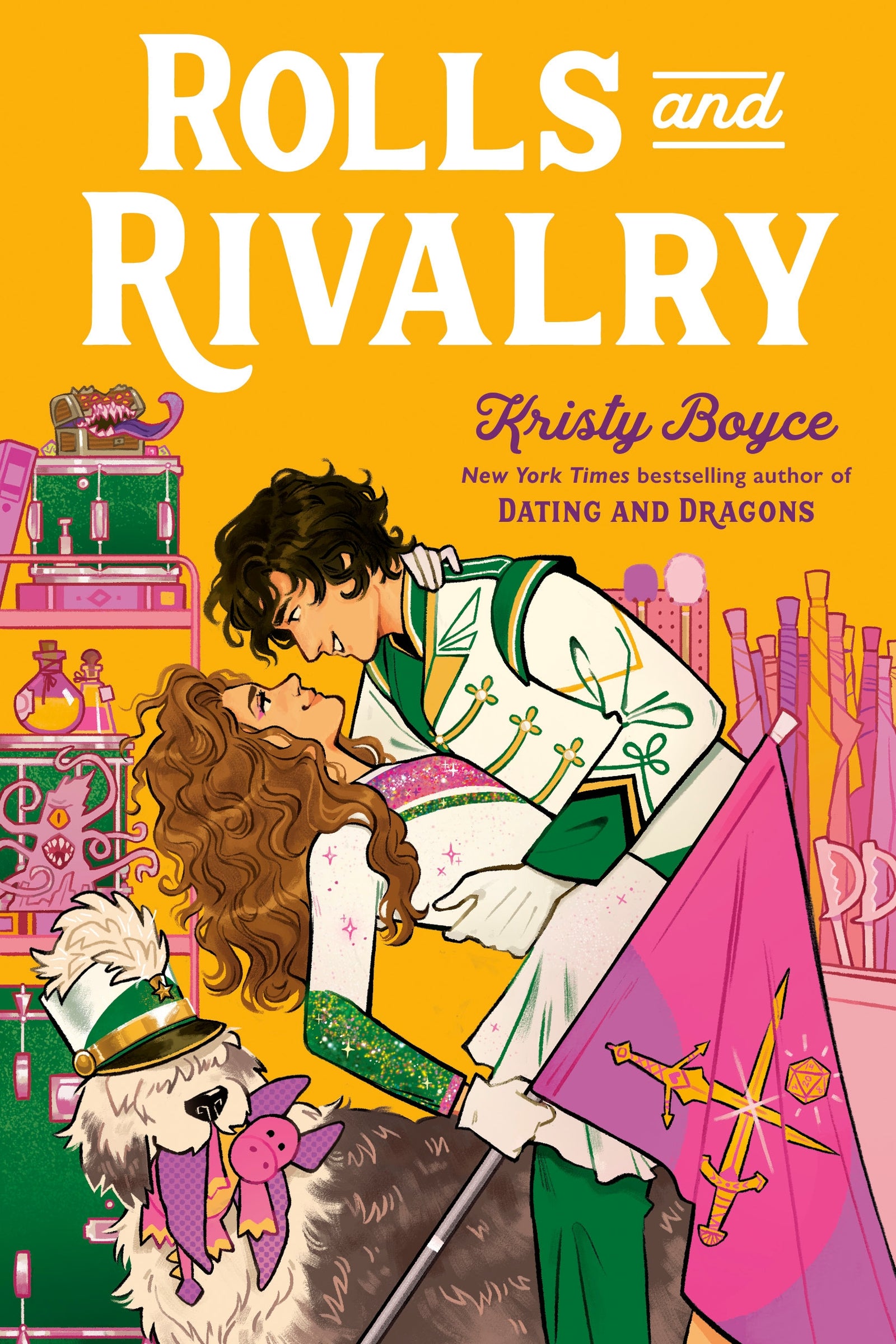 Book cover of 'Rolls and Rivalry' by Kristy Boyce with illustration of two people and a dog.