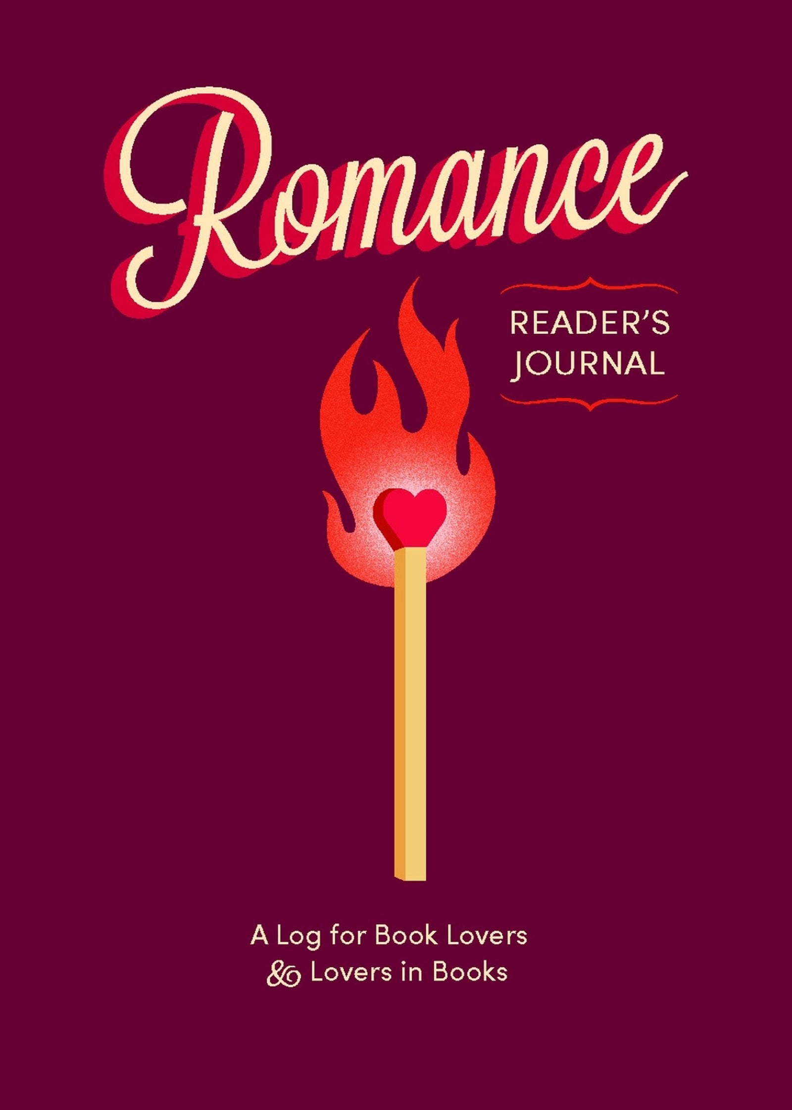 Book cover of 'Romance Reader's Journal' with a match and heart design on a dark red background.