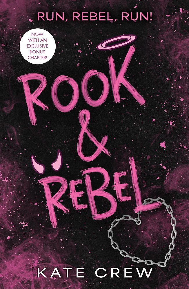 Book cover of 'Rook & Rebel' with pink text on a dark background with a chain and pink smoke