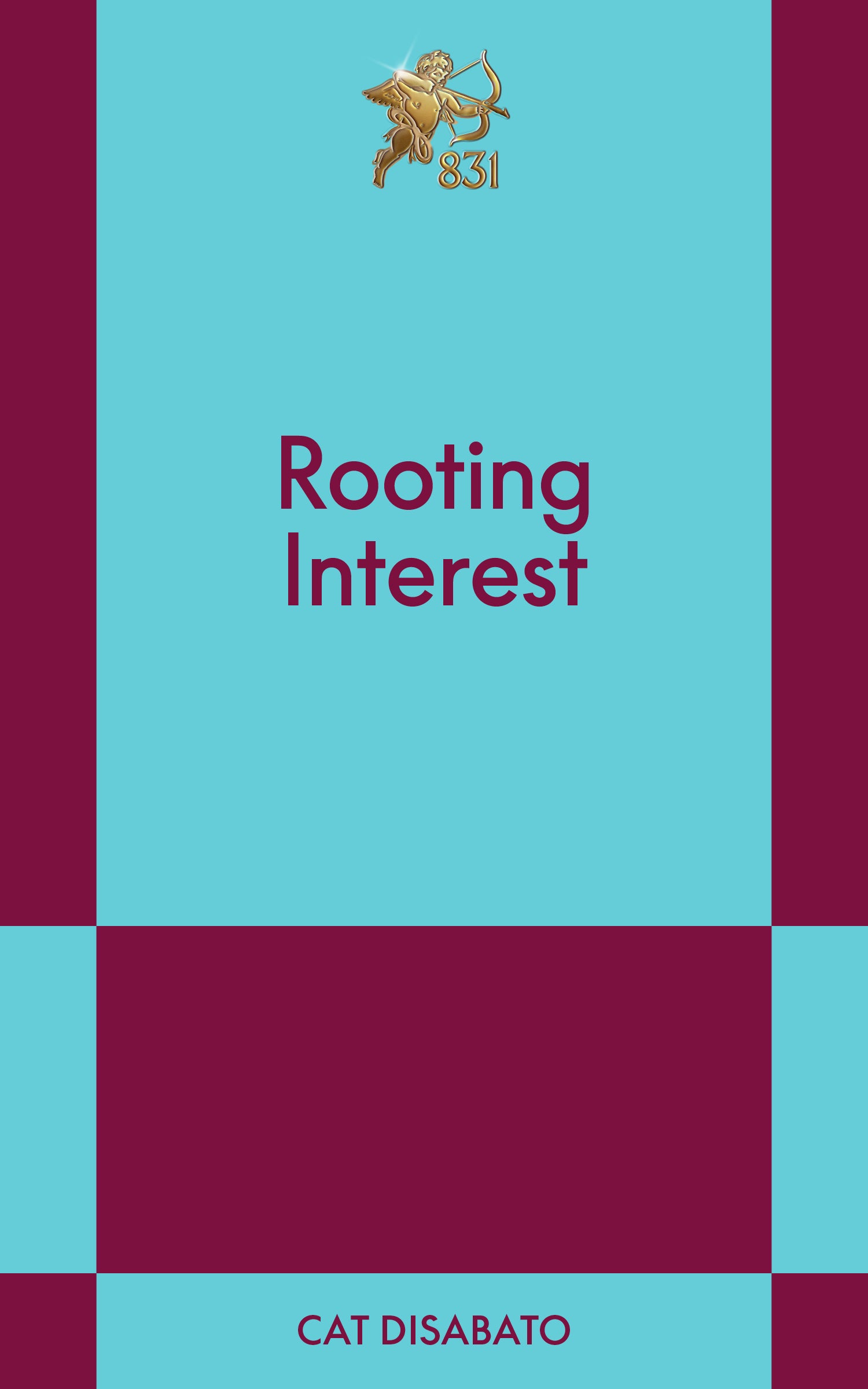 Book cover of 'Rooting Interest' featuring a light blue background with dark magenta checkered borders and a small gold cupid emblem at the top