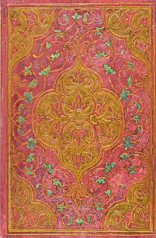A softcover flexi journal with a rose-inspired pink cover featuring ornate golden and green floral designs.