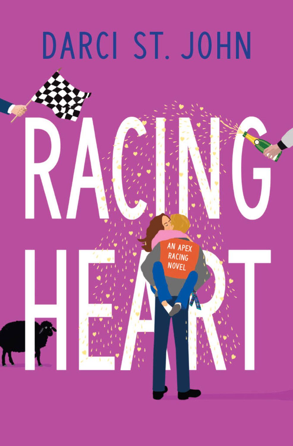 Book cover of &#39;Racing Heart&#39; by Darci St. John with a purple background, checkered flag, and couple holding champagne.