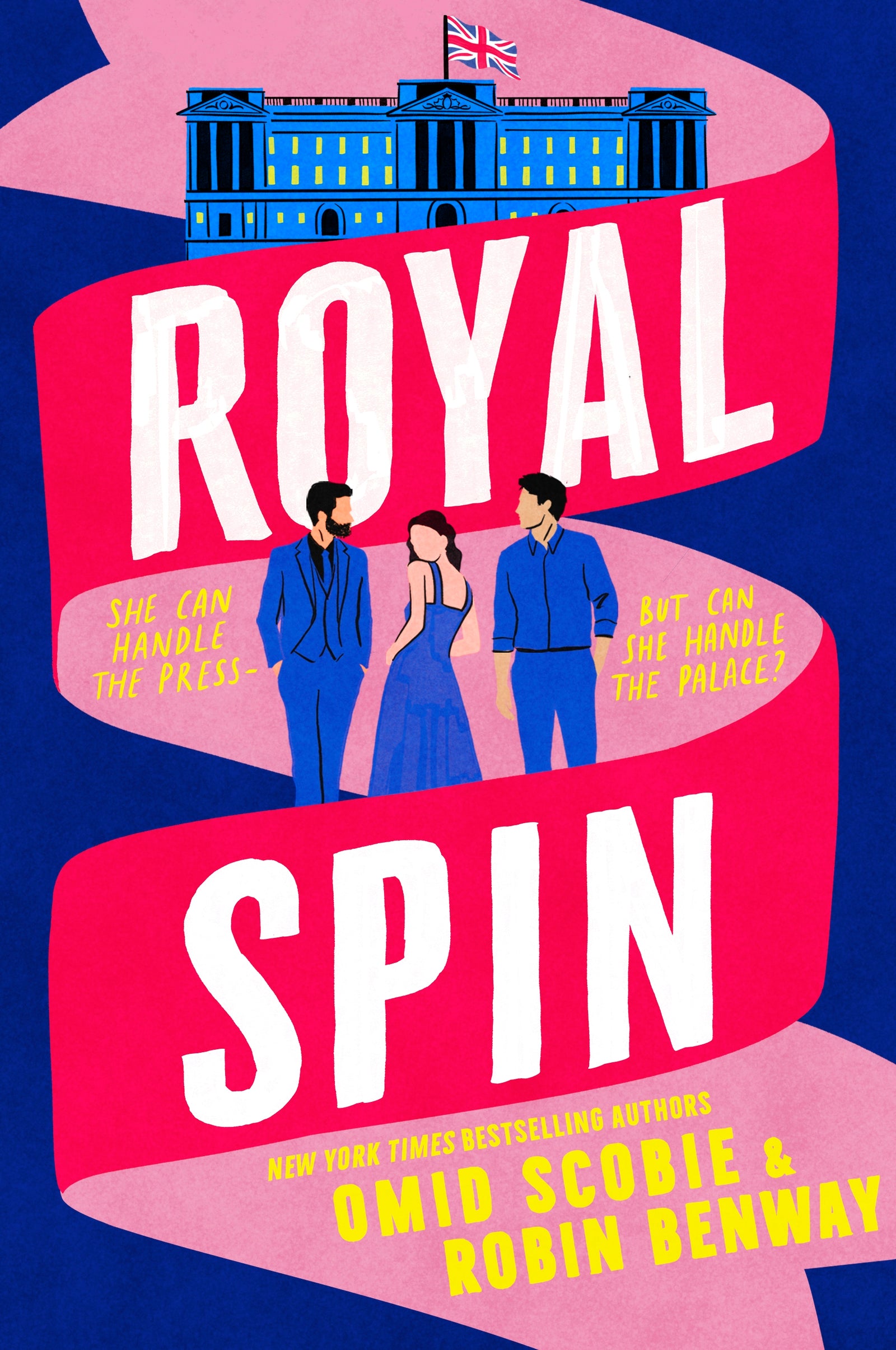 Book cover of 'Royal Spin' with a pink and blue design, featuring people and a building.