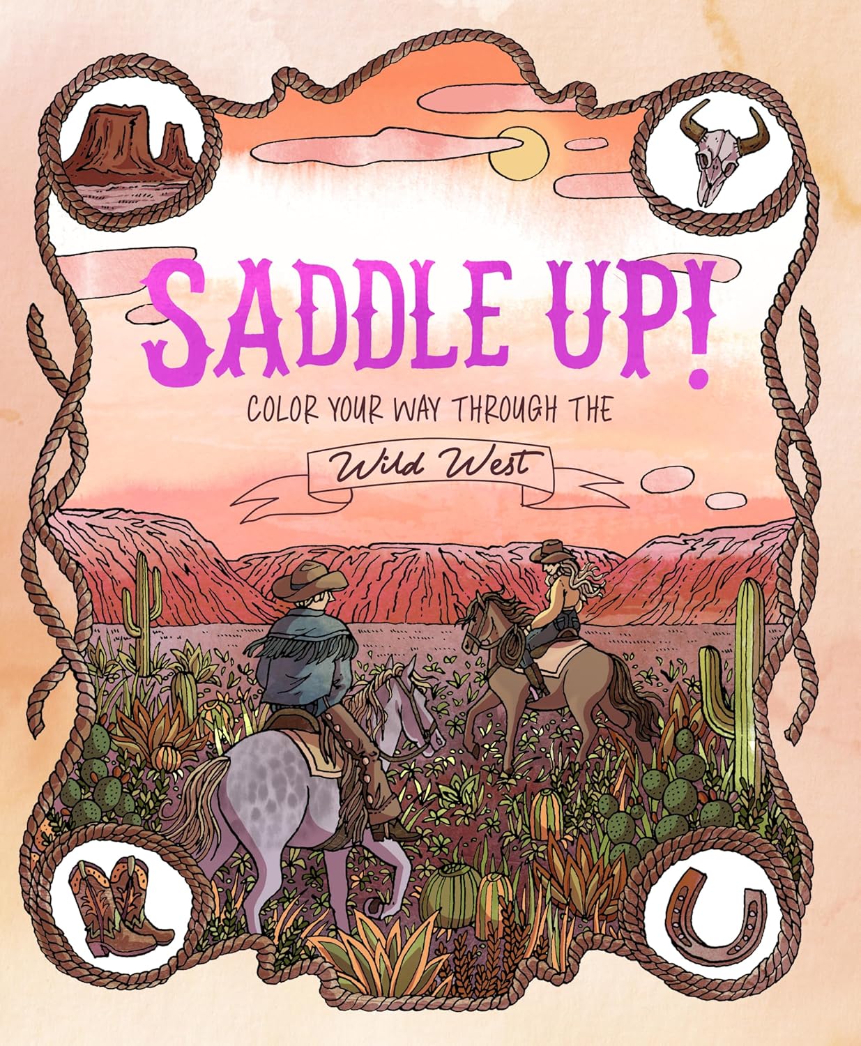 Book cover of 'Saddle Up!' colouring book with a desert scene and cowboys on horses