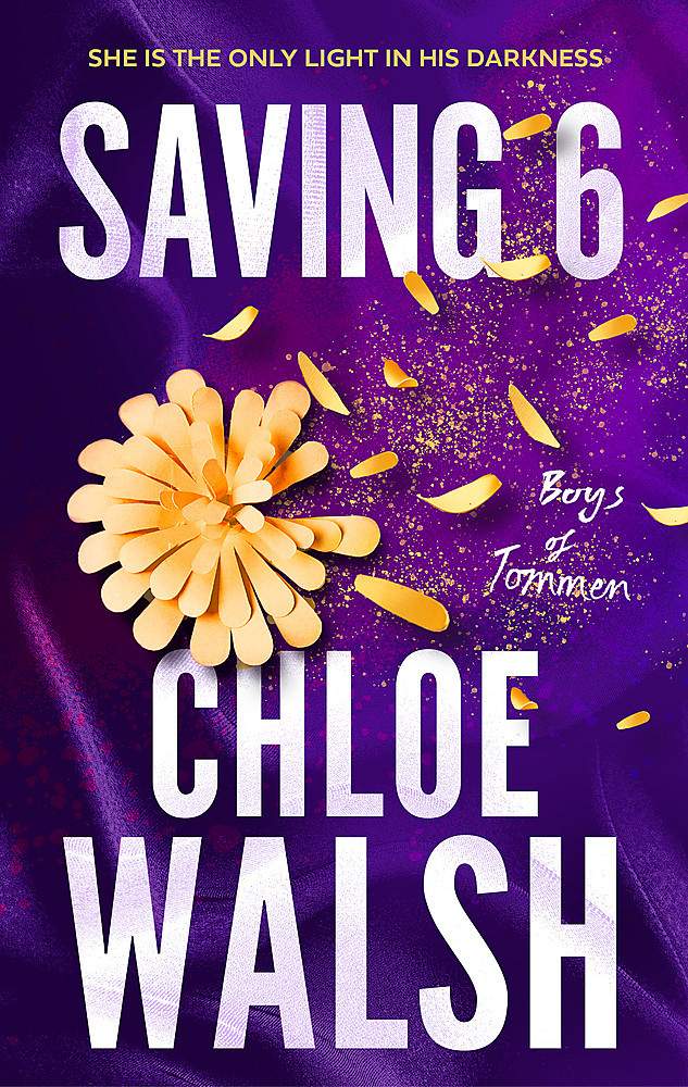 Book cover of 'Saving 6' with the petals of a yellow flower falling away on a purple background 