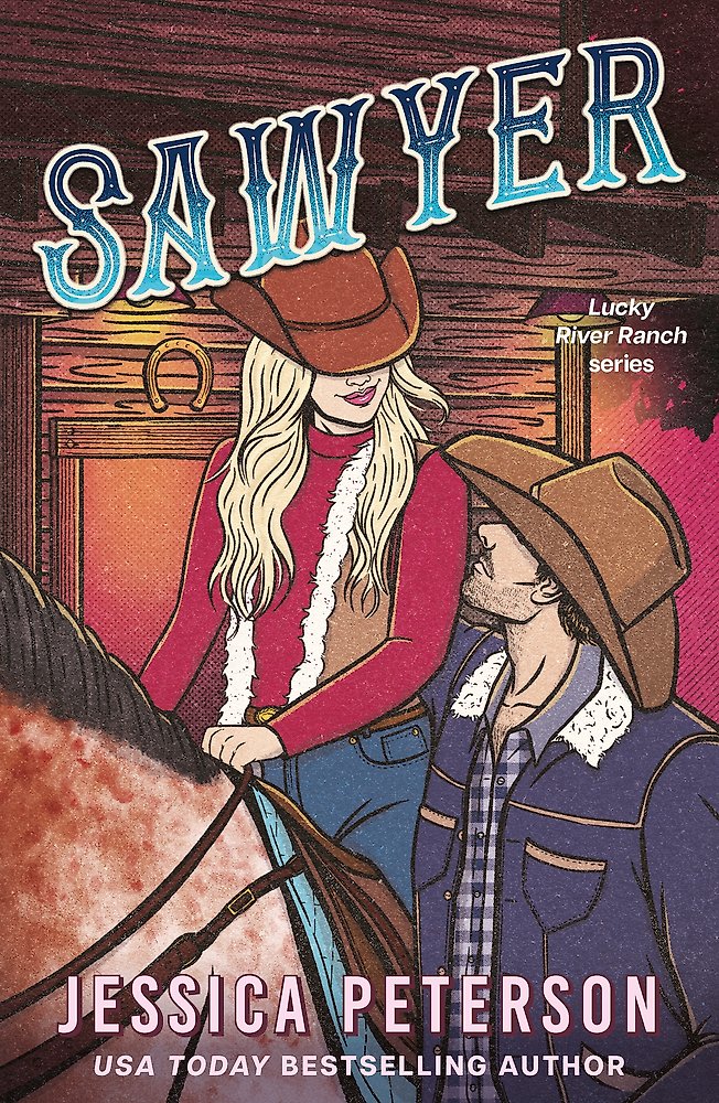 Book cover of 'Sawyer' featuring a woman on a horse and a man standing next to her