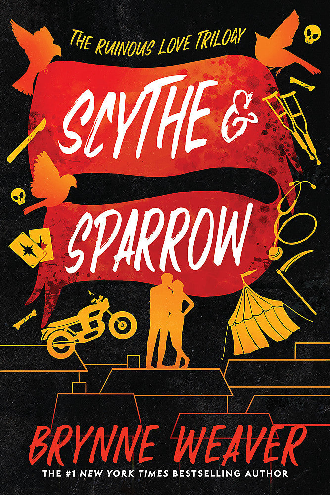 Book cover of 'Scythe & Sparrow' featuring orange illustrations of a motorcycle and a couple on a dark background 