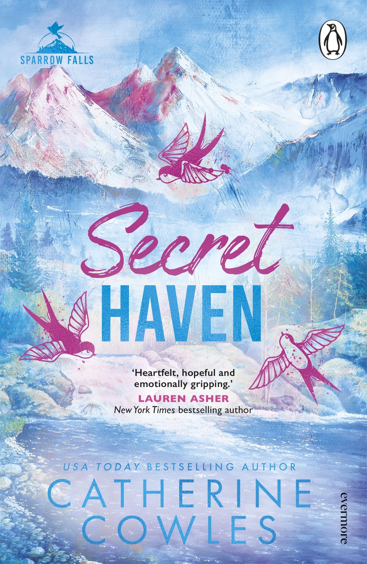 Book cover of 'Secret Haven' with a blue mountain scene and pink birds drawn overtop