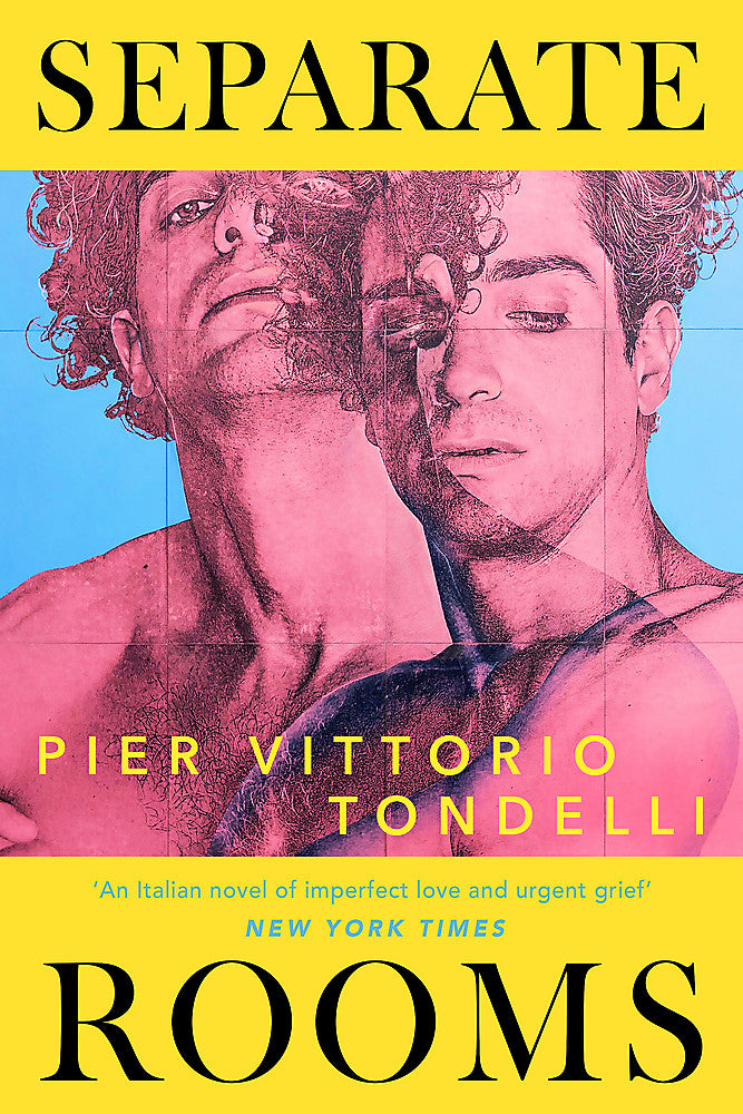 Book cover of 'Separate Rooms' by Pier Vittorio Tondelli with a stylized illustration of two men.