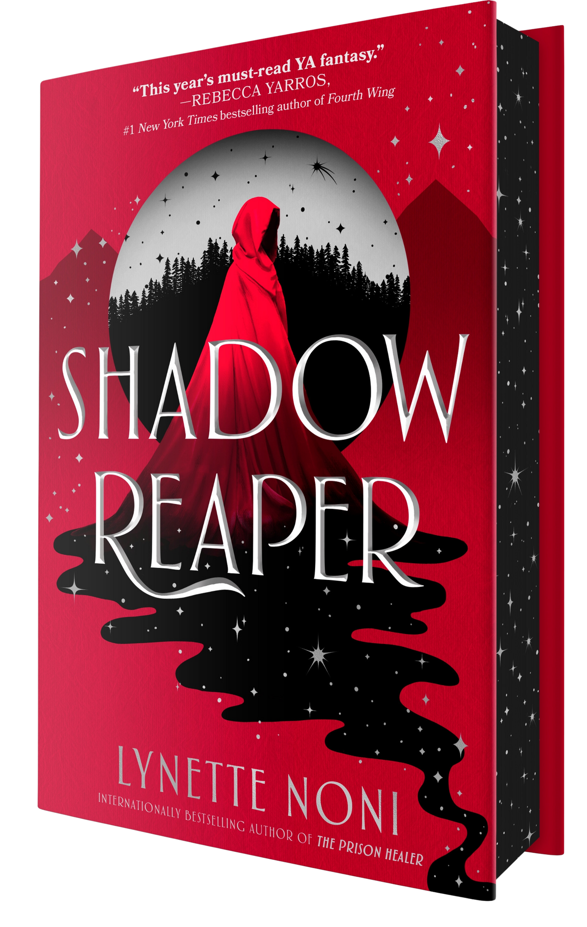 Book cover of 'Shadow Reaper' with a red hooded figure and dark silhouette against a red background.