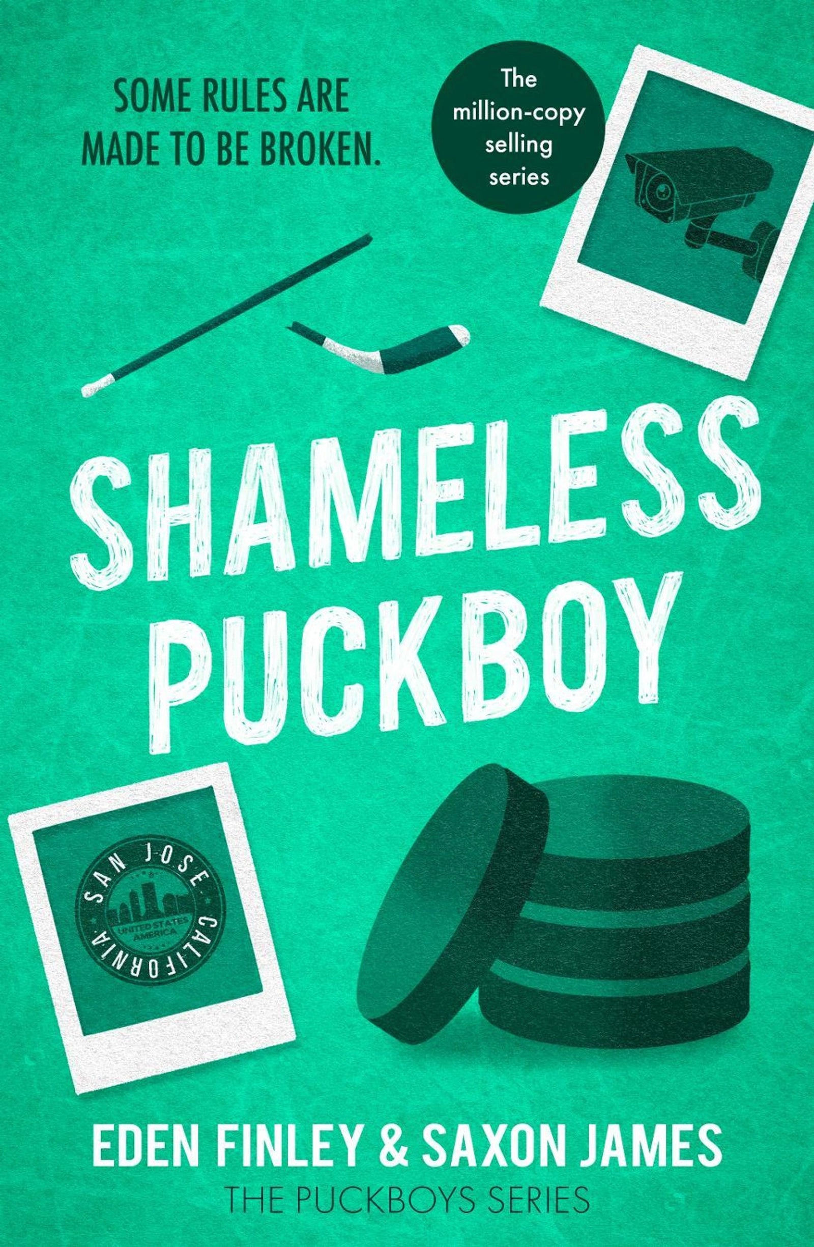 Book cover of 'Shameless Puckboy' with hockey elements and text on a green background.