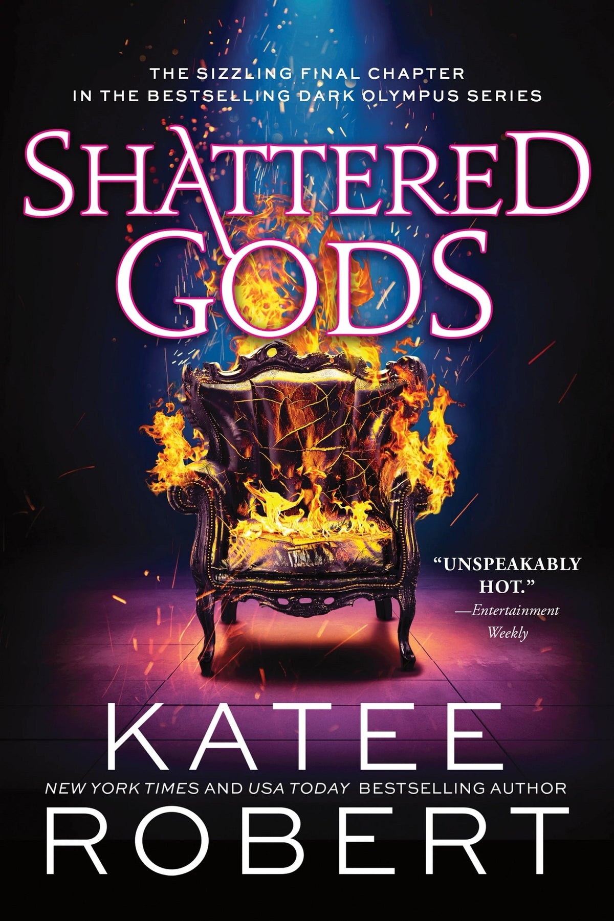 Book cover of 'Shattered Gods' by Katee Robert with a fiery throne and dark background.