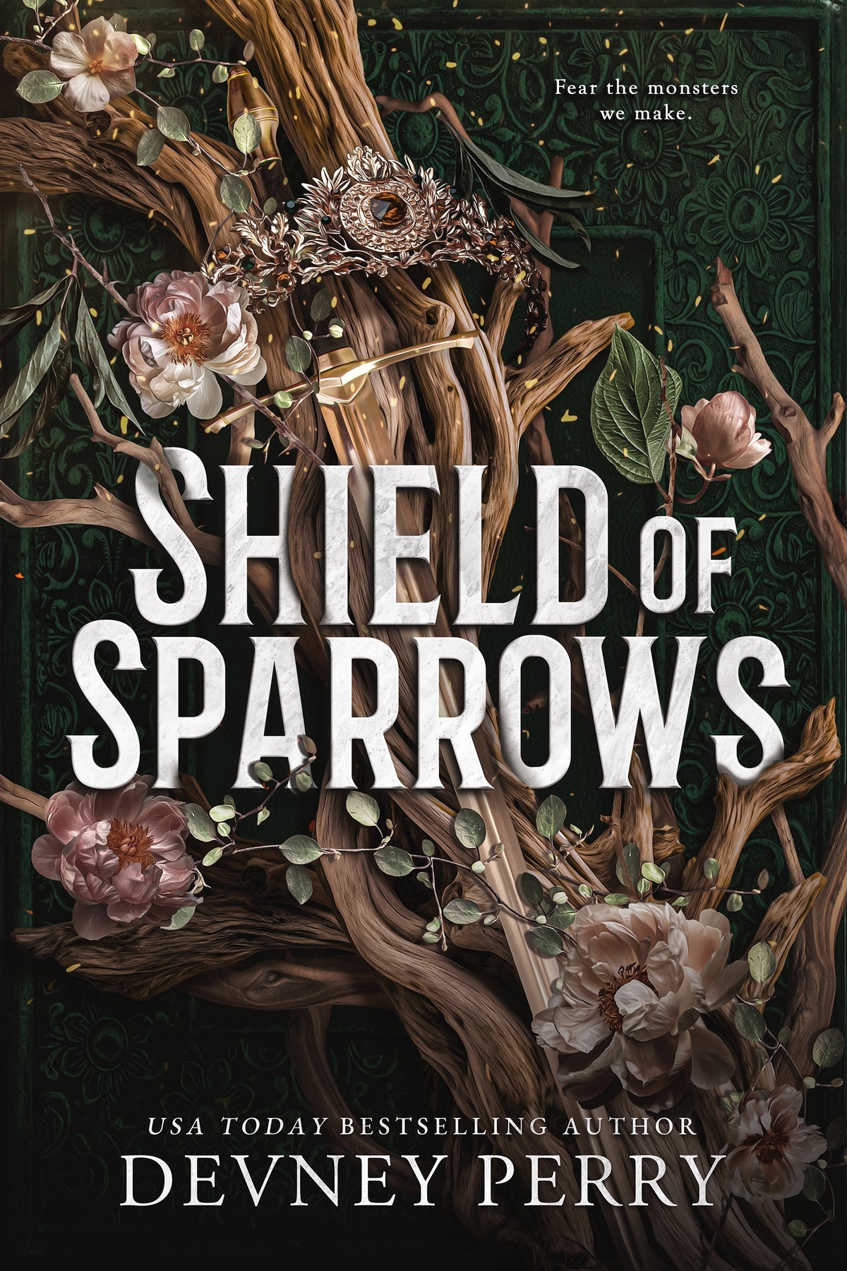 Book cover of 'Shield of Sparrows' with floral and branch design.