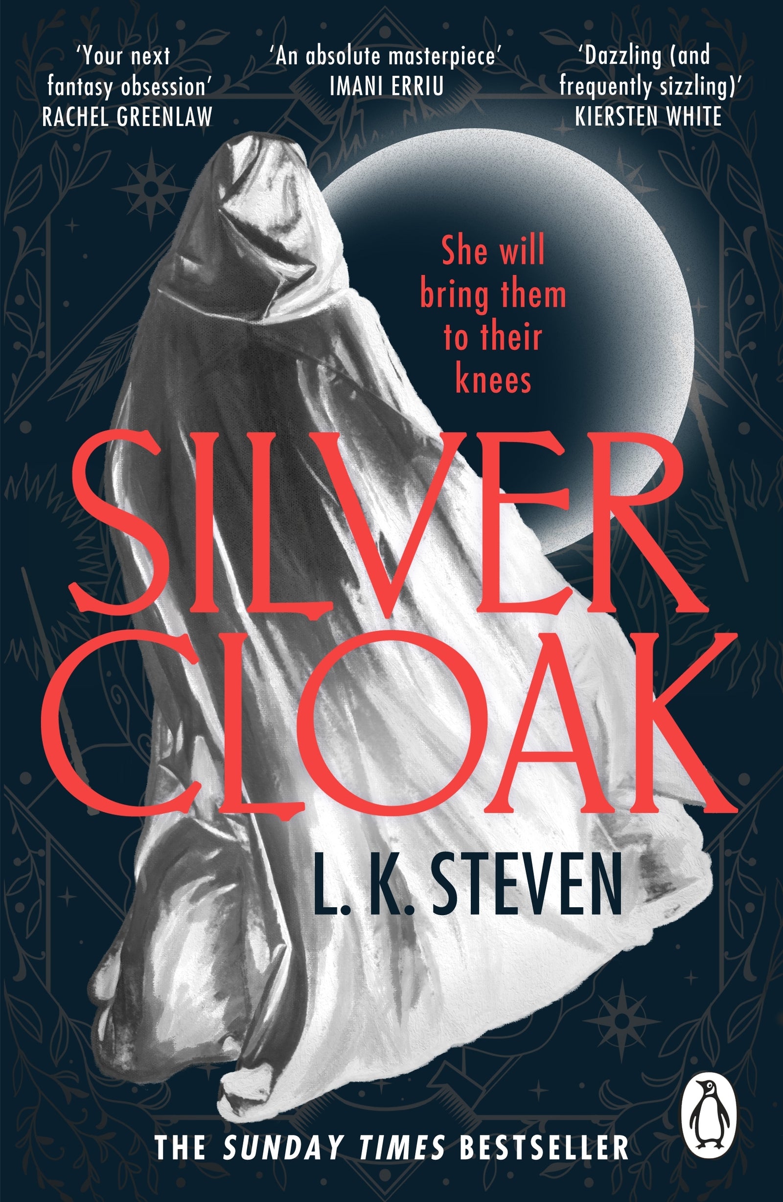 Book cover of 'Silver Cloak' by L.K. Steven with a hooded figure and moon