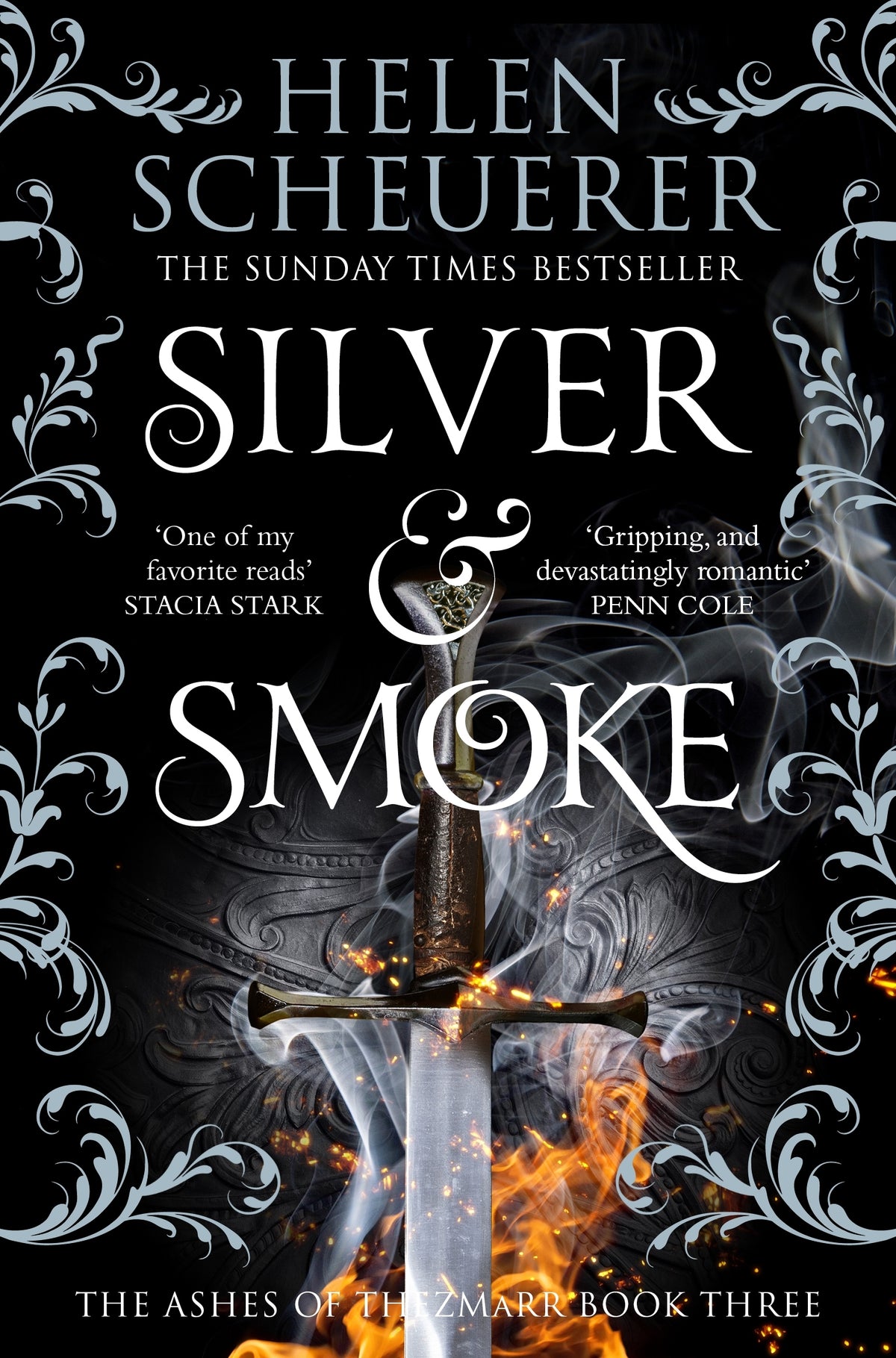 Book cover of 'Silver & Smoke' with a sword in flames and decorative elements 