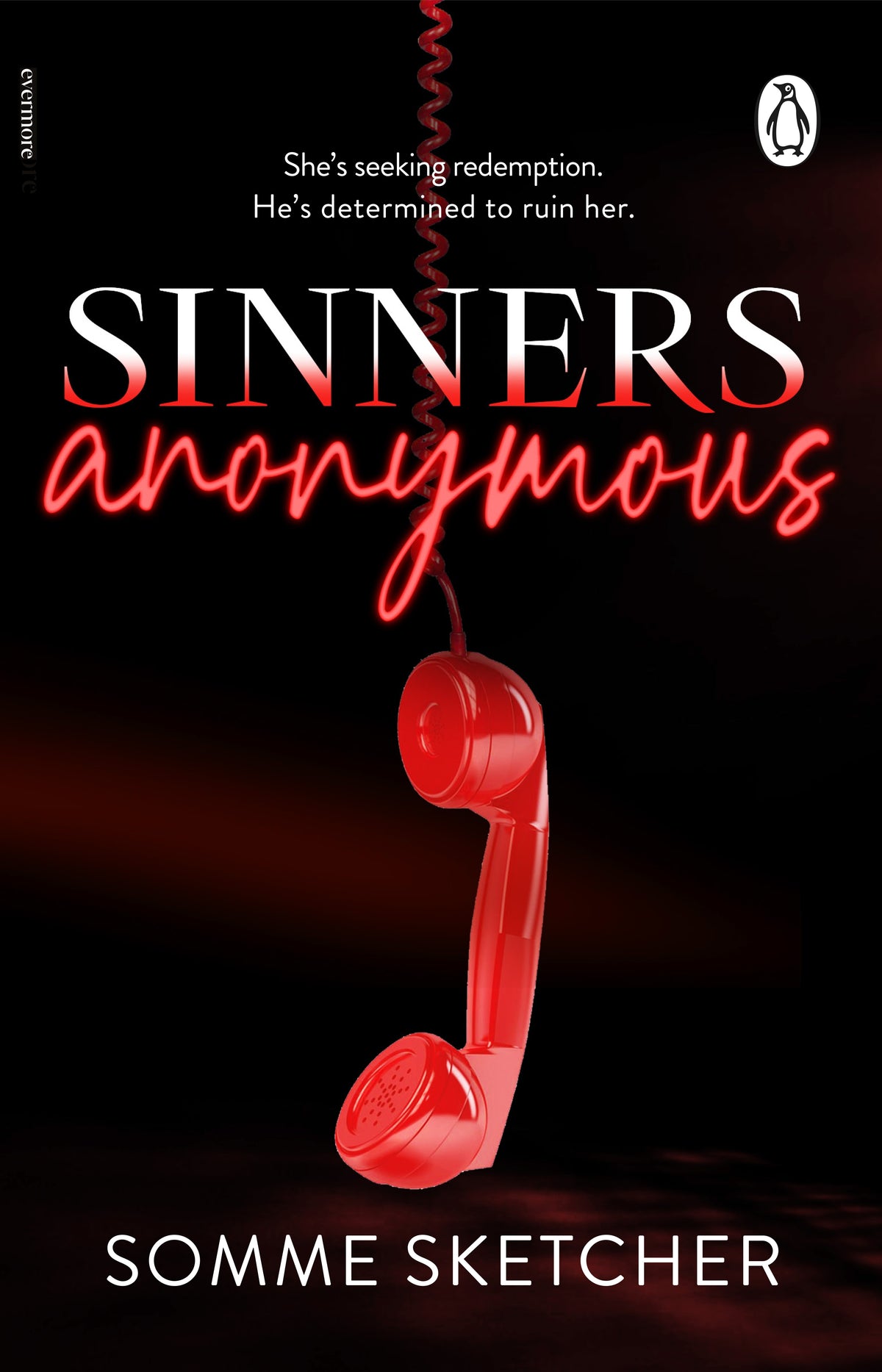 Book cover of 'Sinners Anonymous' with a red phone receiver on a dark background.