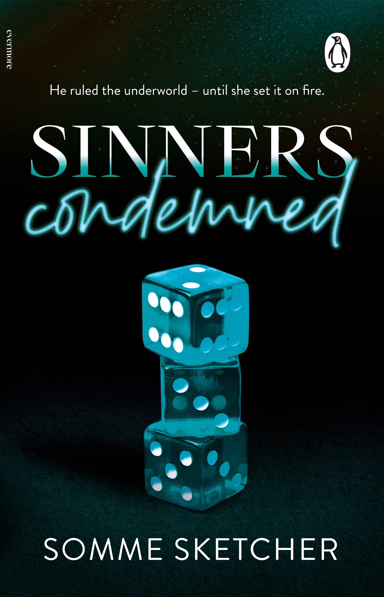Book cover of 'Sinners Condemned' with blue dice on a dark background.