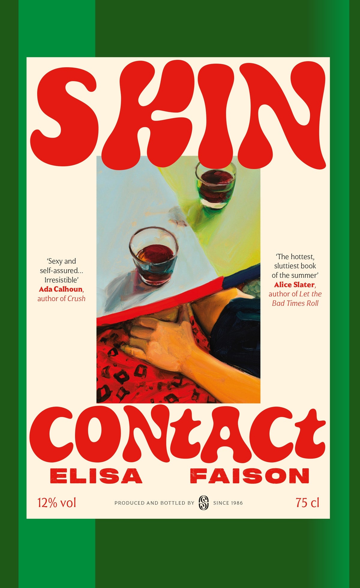 Book cover of 'Skin Contact' by Elisa Faison with a green border and an image of a couple sat at a table.