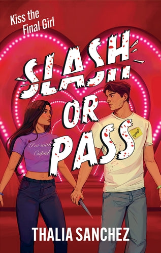 Book cover of 'Slash or Pass' by Thalia Sanchez with two characters and a red love heart background.