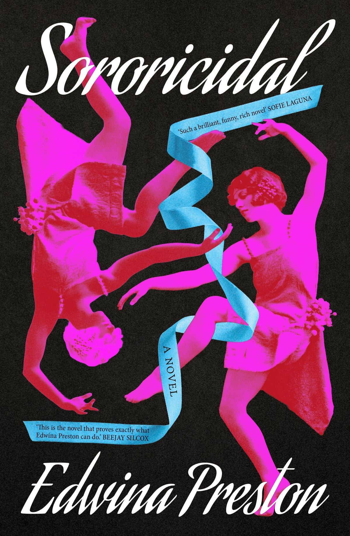 Book cover of 'Sororicial' by Edwina Preston with two pink abstract figures and a blue ribbon.