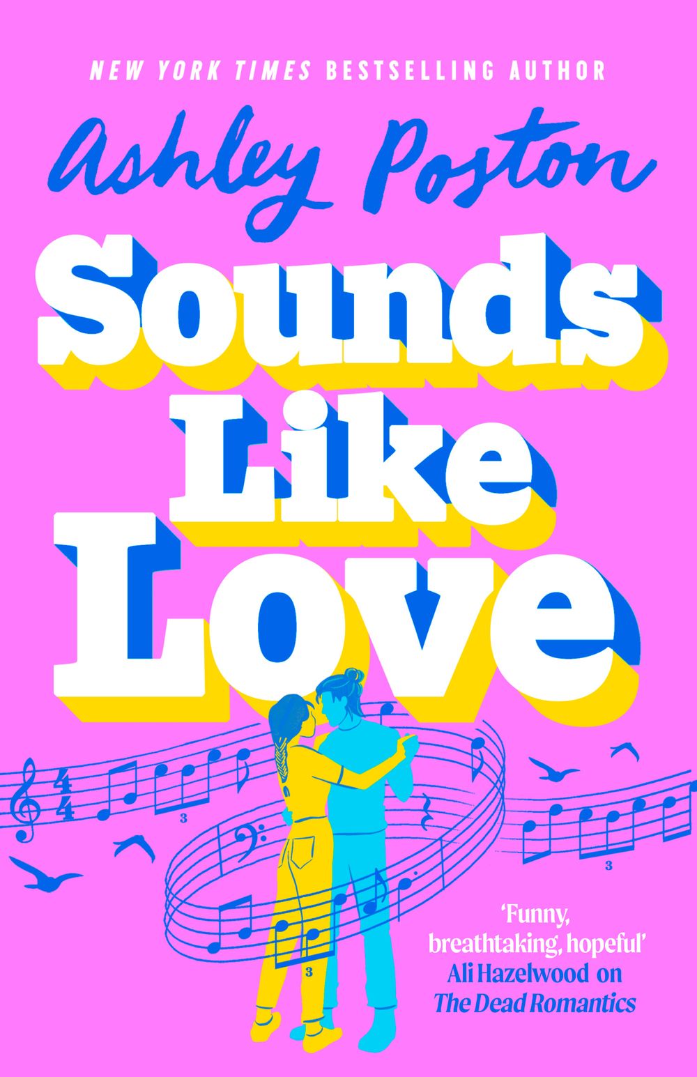 Book cover of 'Sounds Like Love' with a couple dancing together and musical notes surrounding them on a pink background