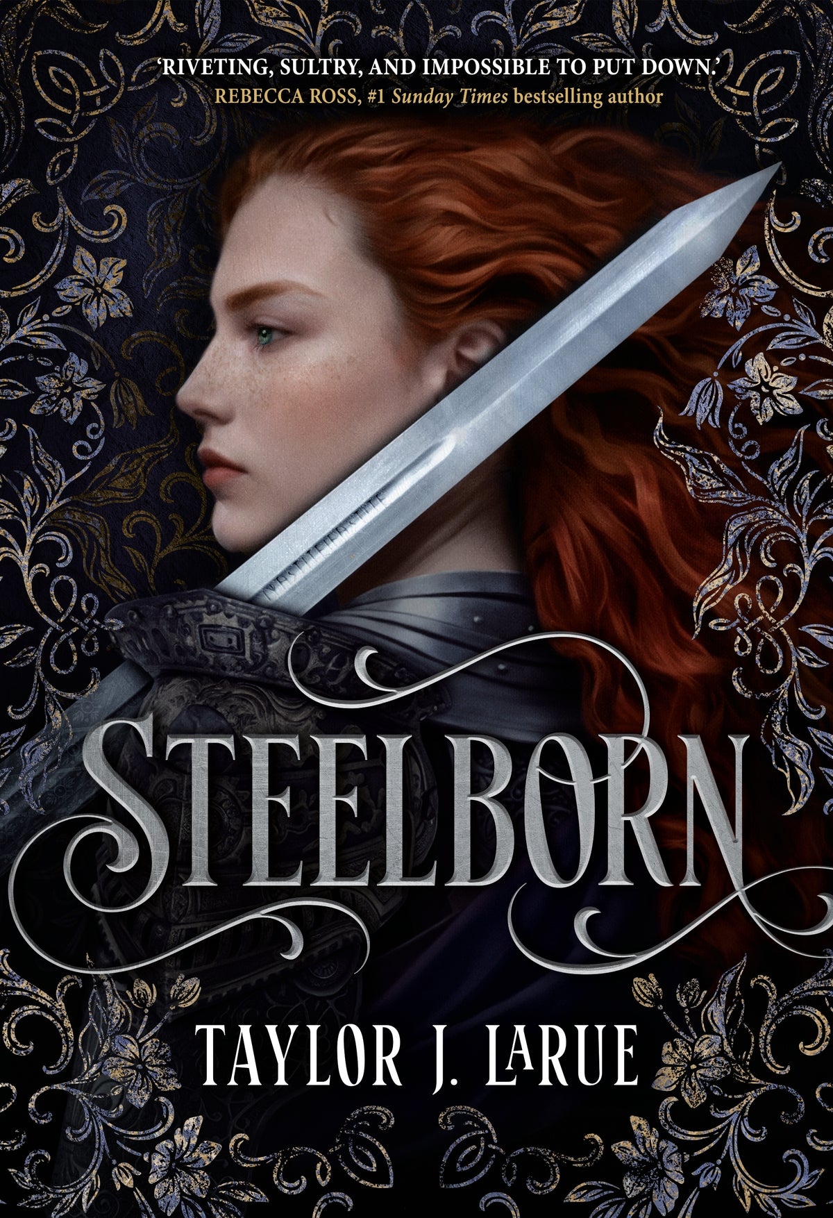 Book cover of 'Steelborn' with a red-haired woman with a sword 