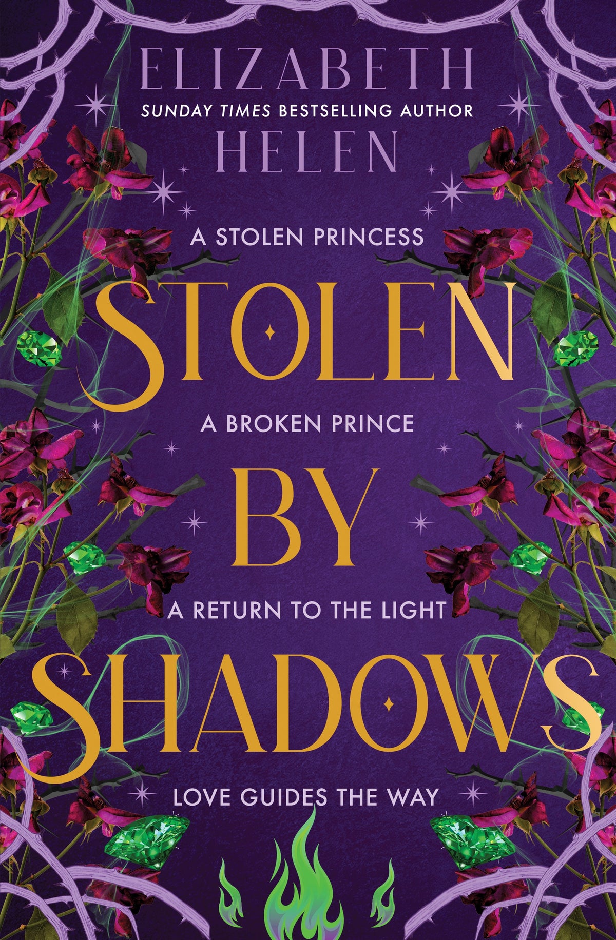 Book cover of 'Stolen by Shadows' with a floral design on a purple background 