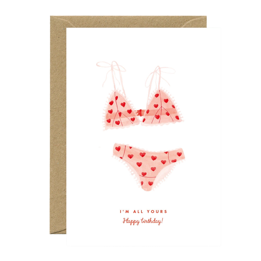 Heart-patterned underwear design on a greeting card with &#39;I&#39;m All Yours&#39; text.