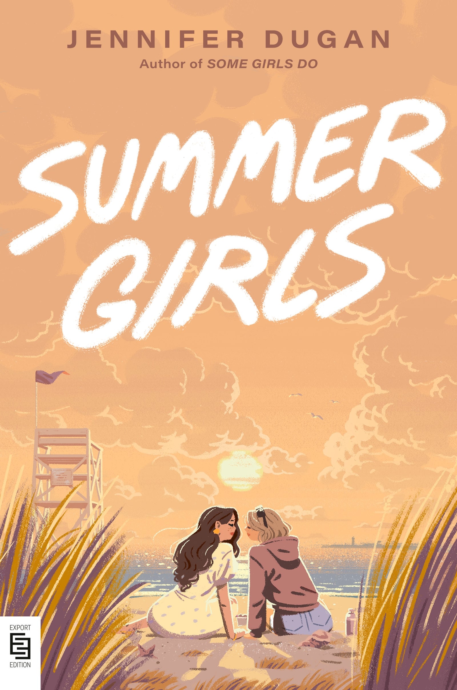 Book cover of 'Summer Girls' by Jennifer Dugan with two women sitting on a beach.
