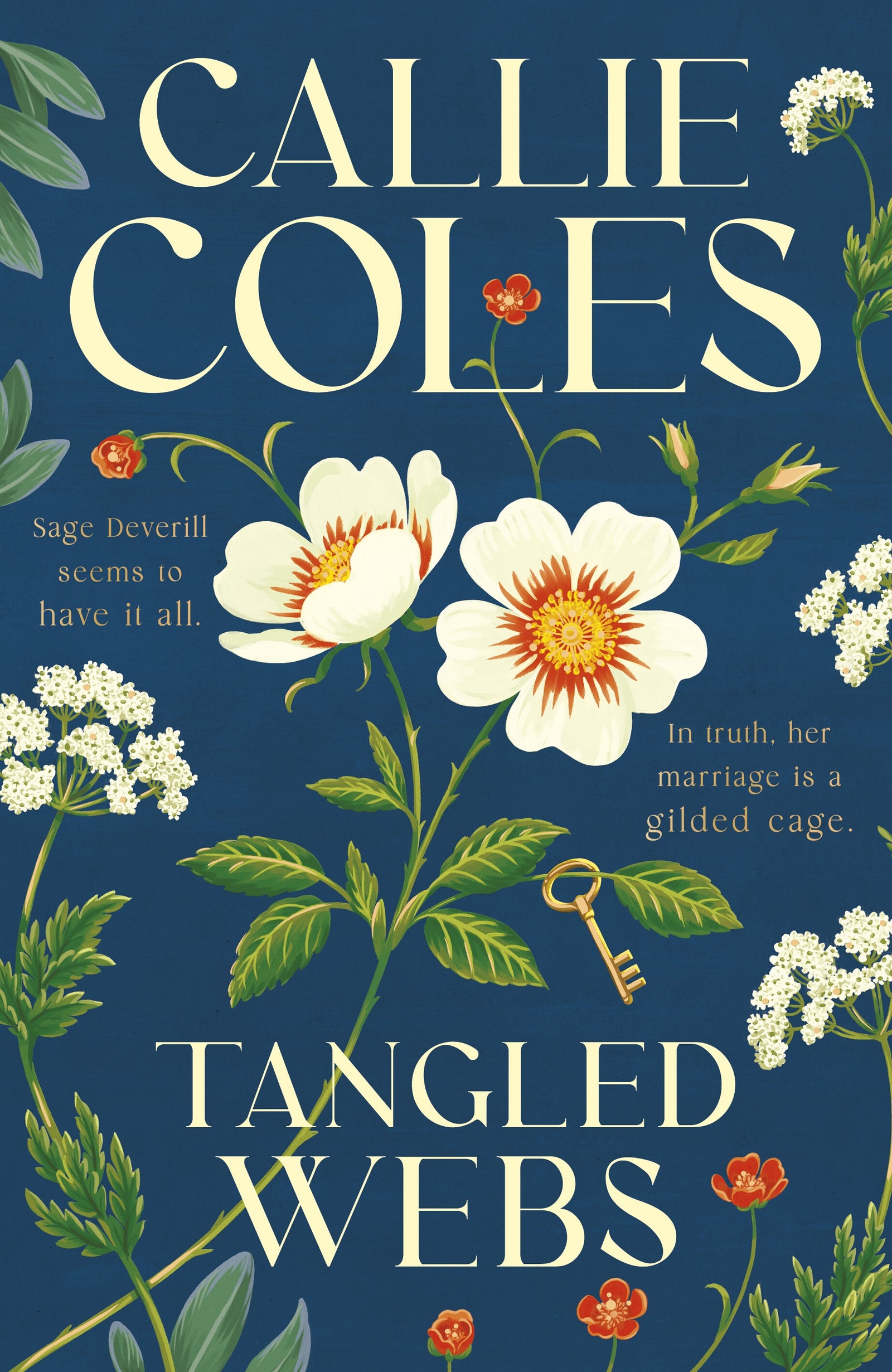Book cover of 'Tangled Webs' featuring white flowers with green leaves on a blue background with a gold key 