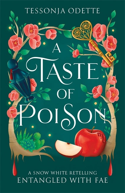 Book cover of 'A Taste of Poison' by Tessonja Odette with floral design and a key and apple.