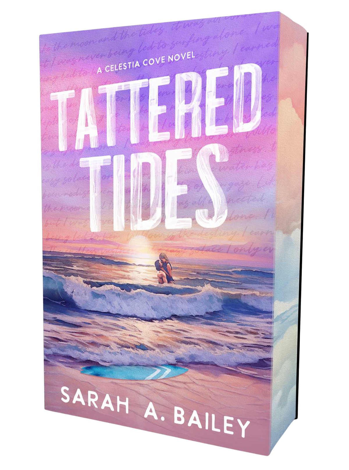 Book cover for 'Tattered Tides' featuring a sunset beach scene with ocean waves and a couple kissing in the water 